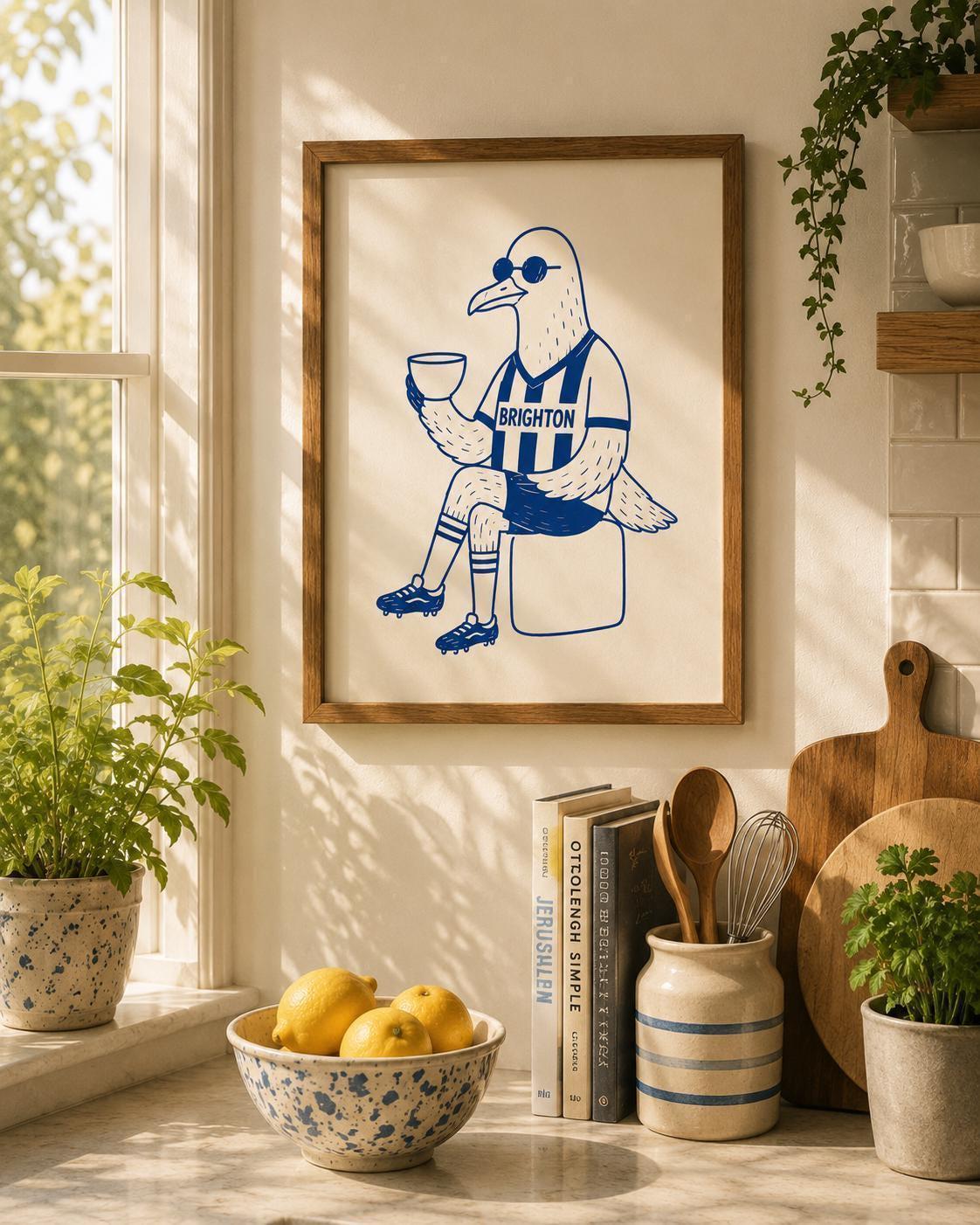 Brighton Fan Print, Seagulls Football Wall Art, Brighton Supporter Gift, Coffee Lover Football Poster, Funny Seagull Fan Decor | 045
