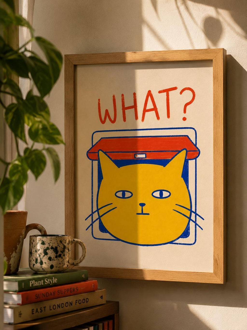 What? Cat Flap Wall Art Print, Funny Cat Poster, Humorous Pet Decor, Curious Cat Illustration, Cat Lover Gift, Quirky Animal Artwork | 055