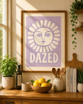 Dazed Sun Wall Art Print, Lavender Celestial Poster, Minimalist Boho Sun Decor, Retro Face Illustration, Purple Bedroom Wall Art | 051