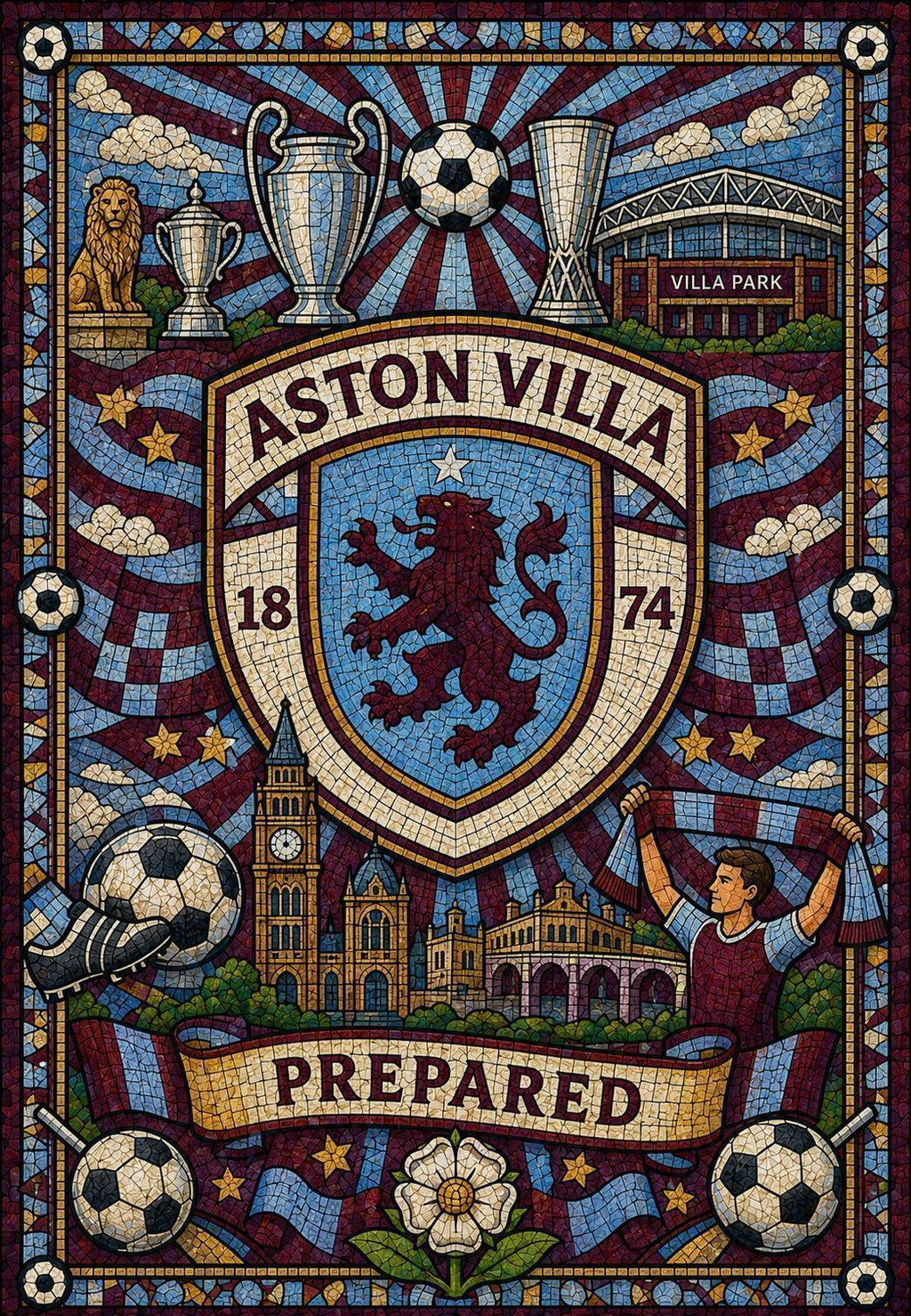 Aston Villa Inspired Mosaic Style Gift for Fans, Aston Villa Wall Art, AVFC Decor, Aston Villa Greeting Card | 177