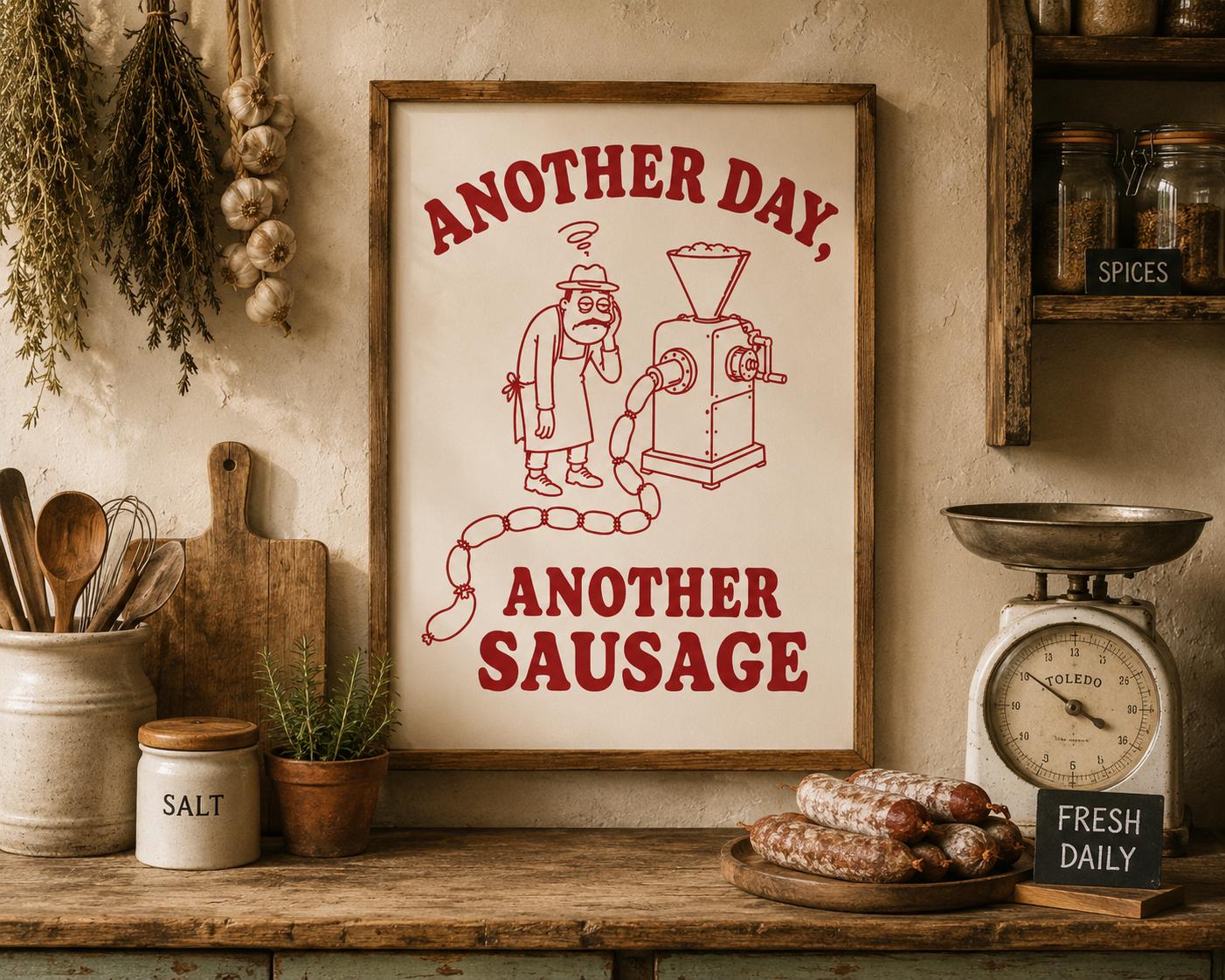 a kitchen counter with various cooking utensils and ingredients, including a framed sign that reads "Another day, another sausage".