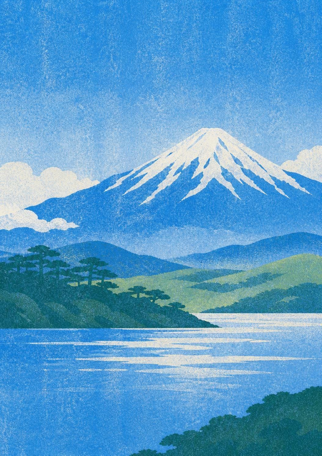 Mount Fuji Wall Print, Japanese Landscape Art, Vintage Style Wall Art, Minimalist Nature Poster, Blue Scenic Japan Artwork | 113A