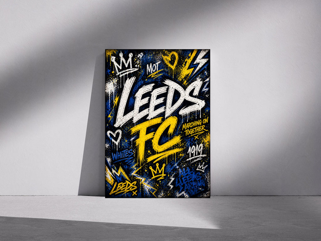A poster with the text "LEEDS FC" prominently displayed, surrounded by various graffiti-style elements in blue, yellow, and white colors.