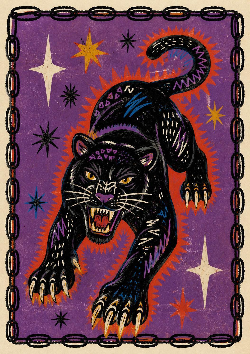 Black Panther Poster Print | Gothic Mystic Wall Art | Vintage Tattoo Style Panther Illustration | A3/A4/A5 Decor | 015