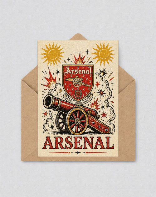 May include: A vintage-style Arsenal greeting card with a red cannon and the club's crest. The word "ARSENAL" is displayed in bold letters. The card has a beige background with suns and starbursts, and is inside a brown envelope.
