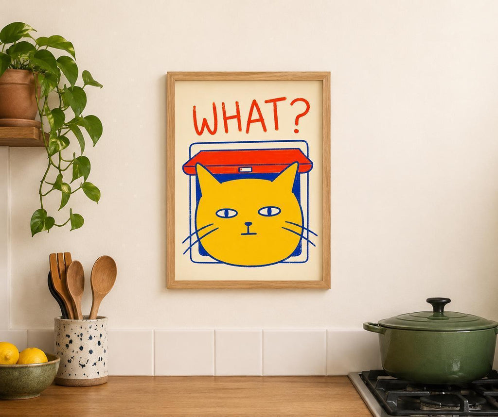 What? Cat Flap Wall Art Print, Funny Cat Poster, Humorous Pet Decor, Curious Cat Illustration, Cat Lover Gift, Quirky Animal Artwork | 055