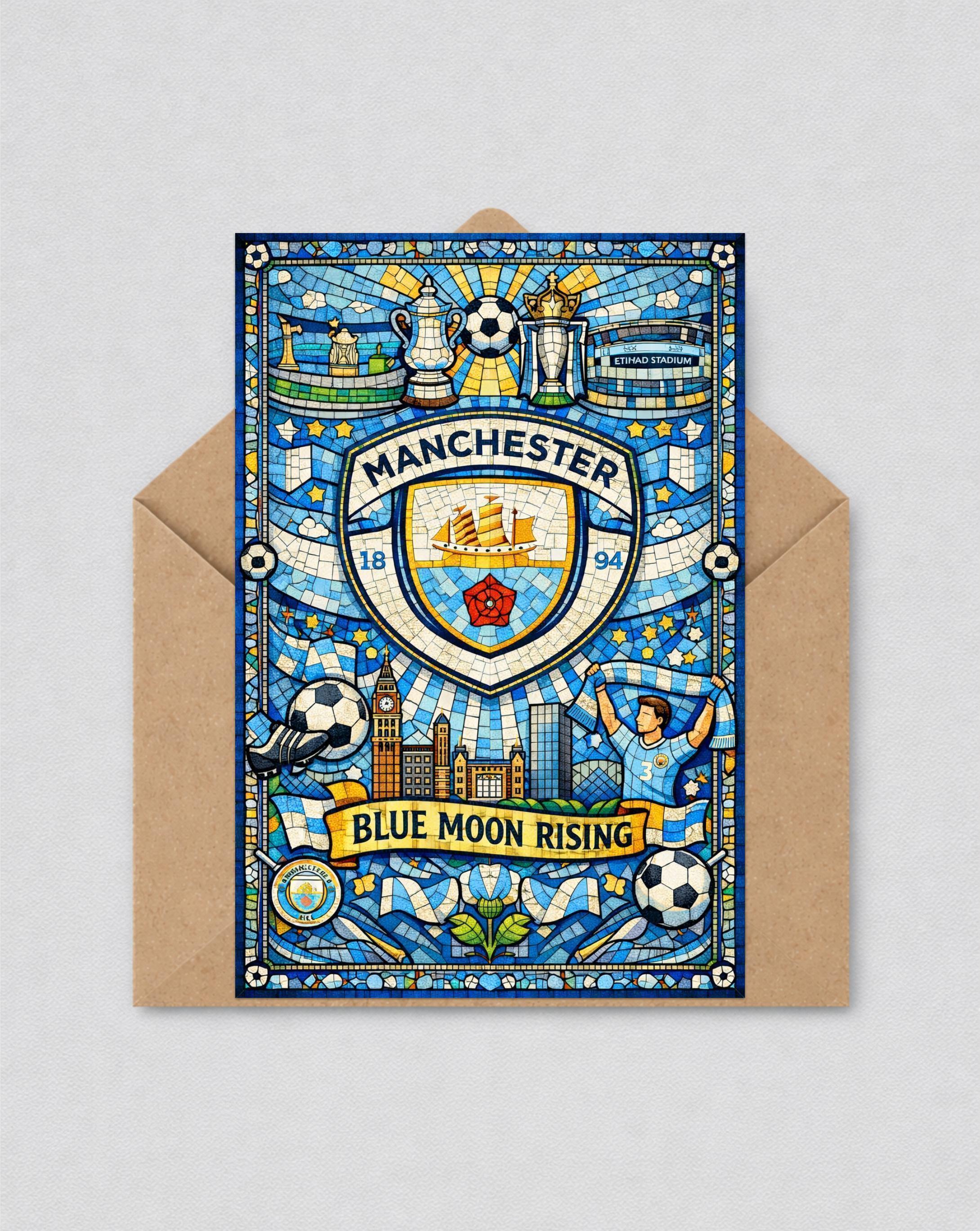 May include: A greeting card with a stained glass design featuring the Manchester City Football Club logo, the words "Manchester" and "Blue Moon Rising", and illustrations of the Etihad Stadium and other landmarks. The card is inside a brown envelope.