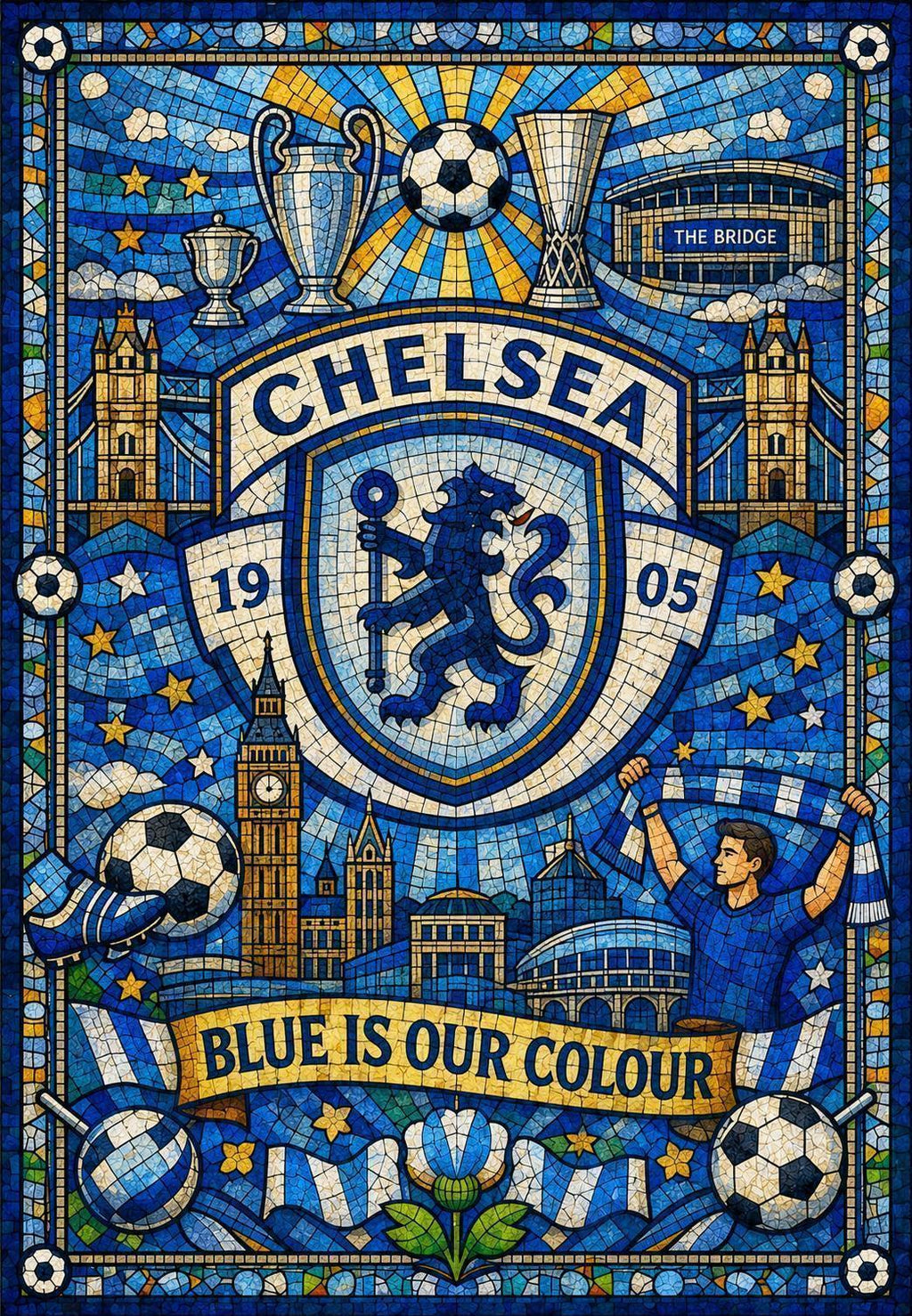 Chelsea FC Inspired Mosaic Style Birthday Greetings Card 7"x5" | Football Fan | Chelsea Artwork Fan Gift | 175