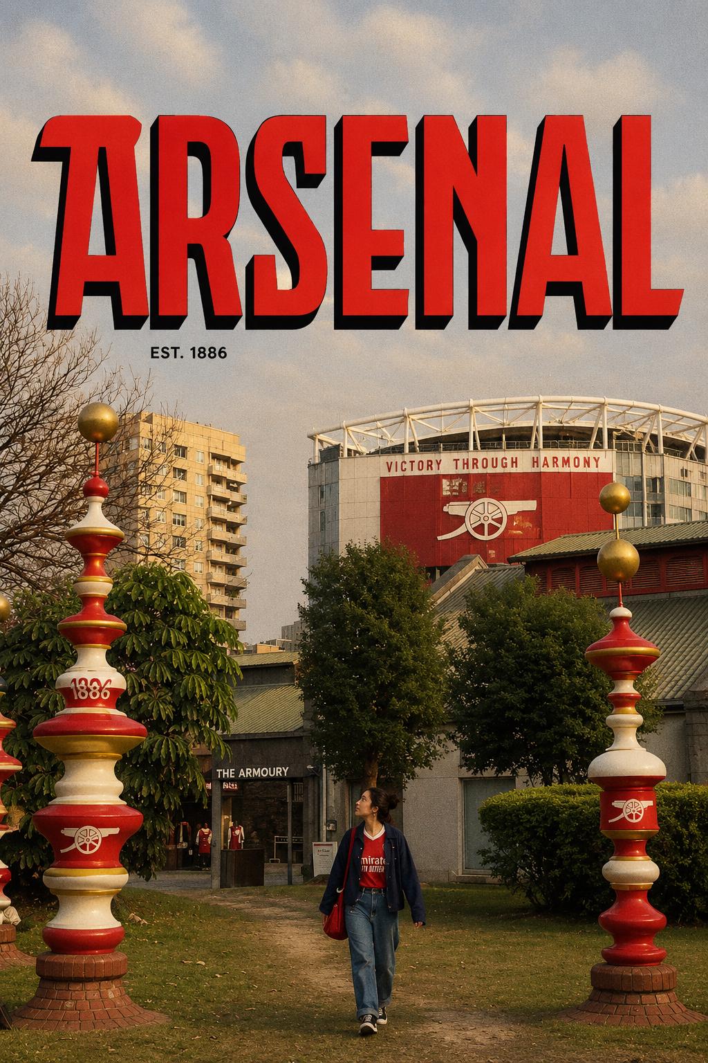 Arsenal, a football club, is depicted in the image. The club's name is prominently displayed in large red letters, and the year "1886" is also visible. The club's stadium, known as the "Armsory", is shown in the background. A person is walking in the foreground, and the scene includes a mix of urban and natural elements, such as trees and buildings.