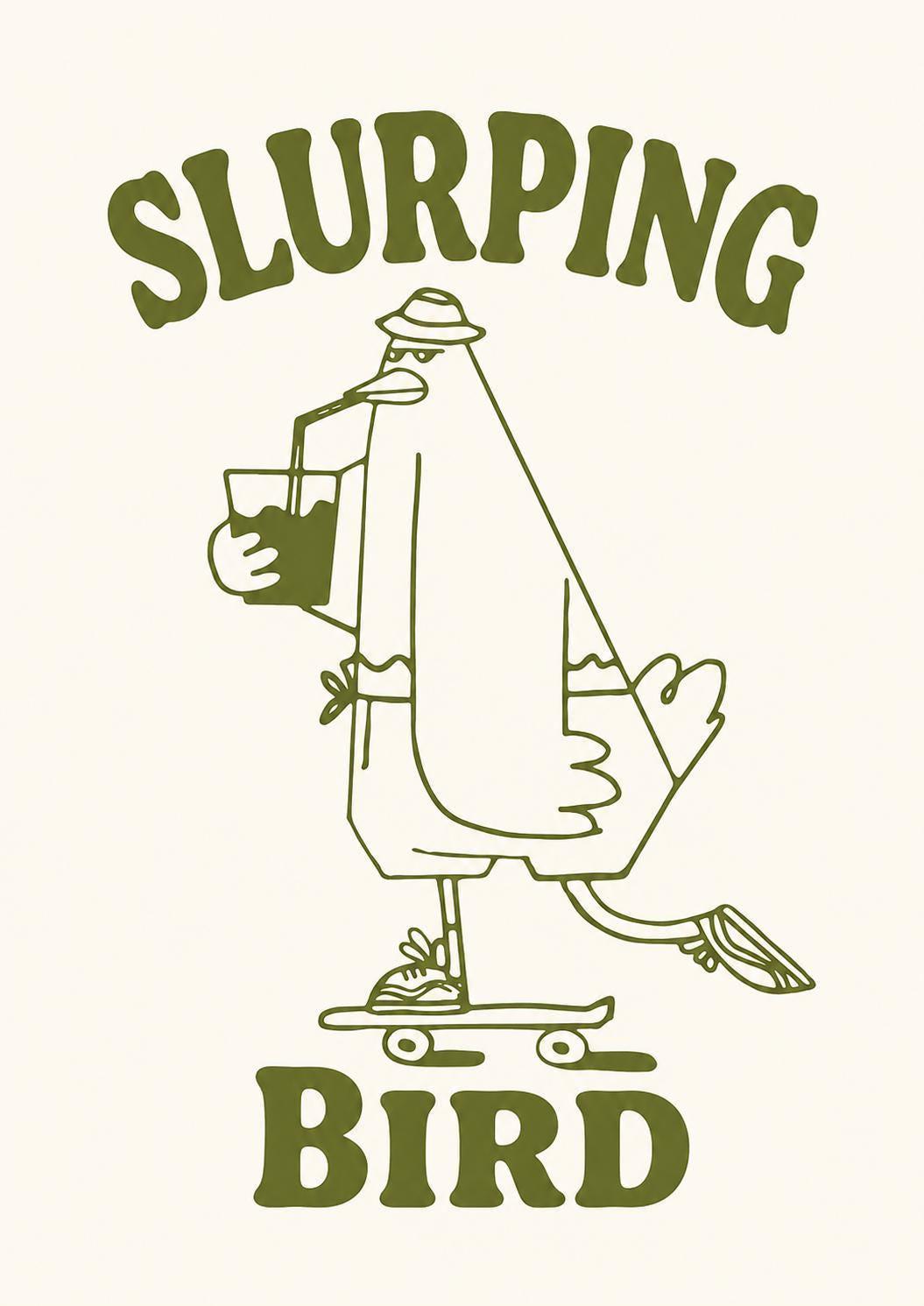 Slurping Bird Wall Art Print, Funny Kitchen Decor, Foodie Wall Art, Cafe Poster, Hipster Kitchen Print, Quirky Food Artwork | 041