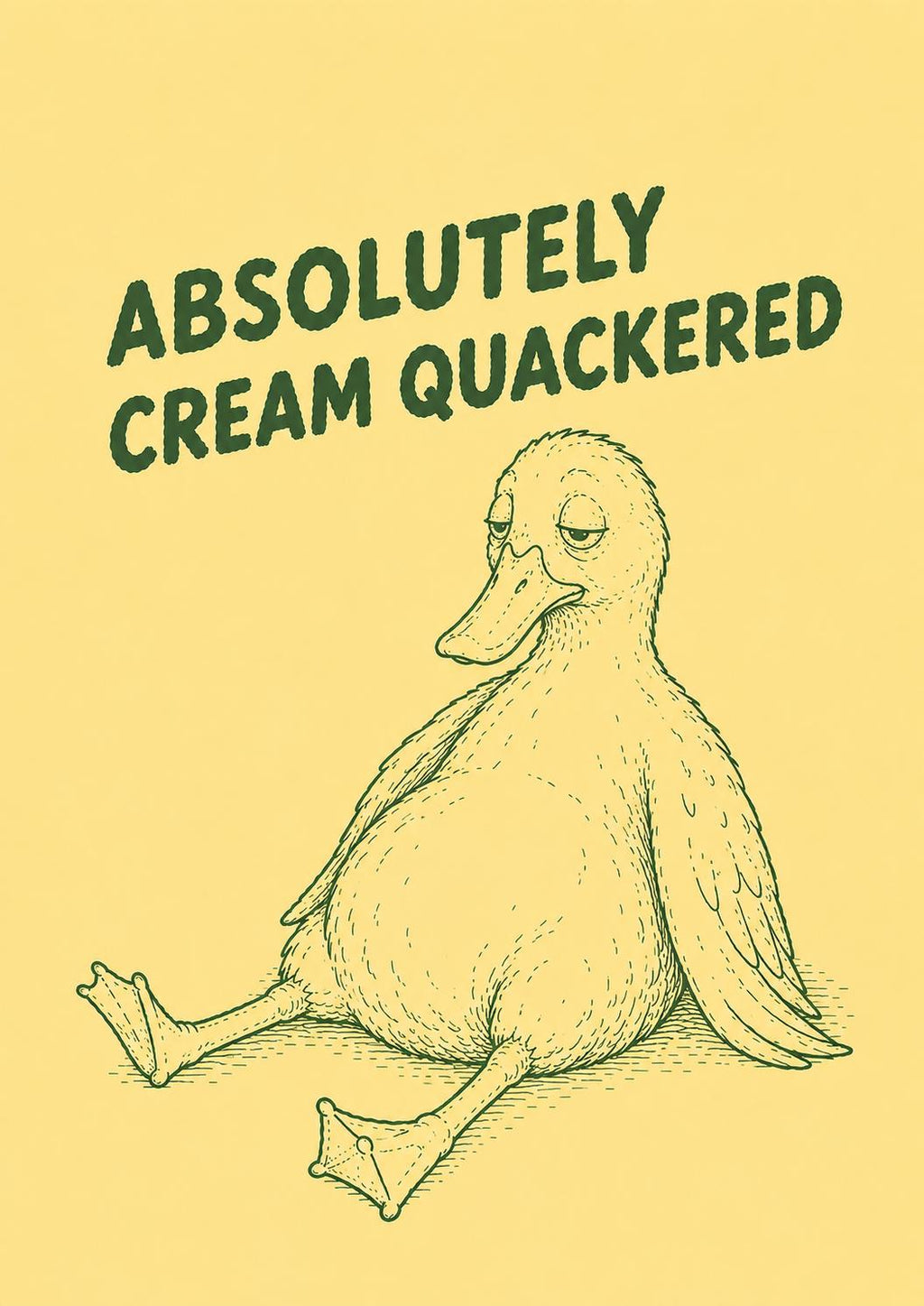 A cartoon duck sitting on its side with a humorous caption above it.