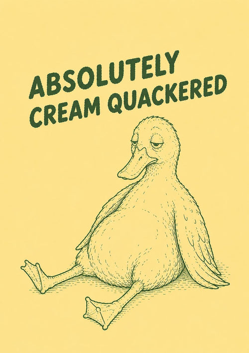 A cartoon duck sitting on its side with a humorous caption above it.