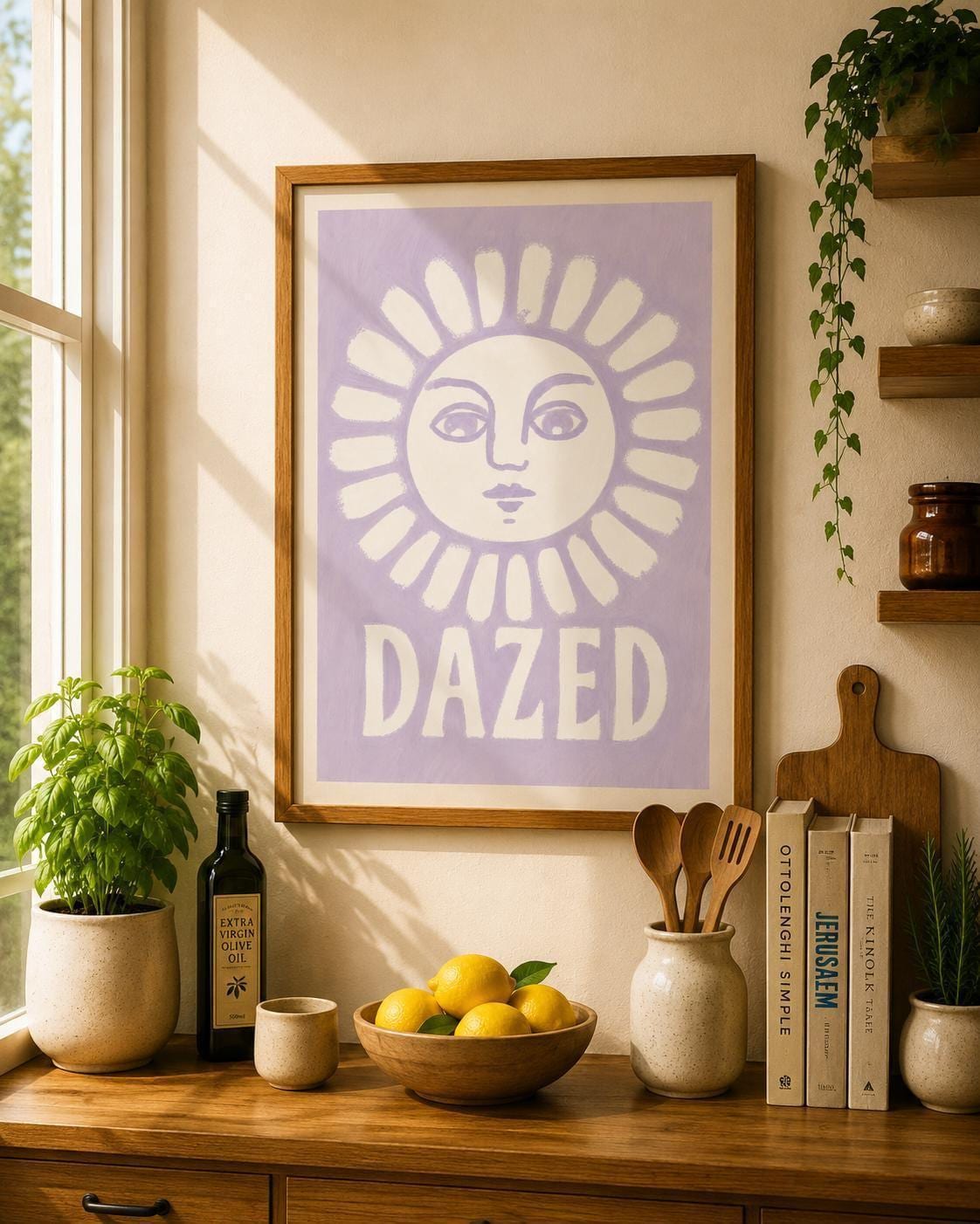 Dazed Sun Wall Art Print, Lavender Celestial Poster, Minimalist Boho Sun Decor, Retro Face Illustration, Purple Bedroom Wall Art | 051