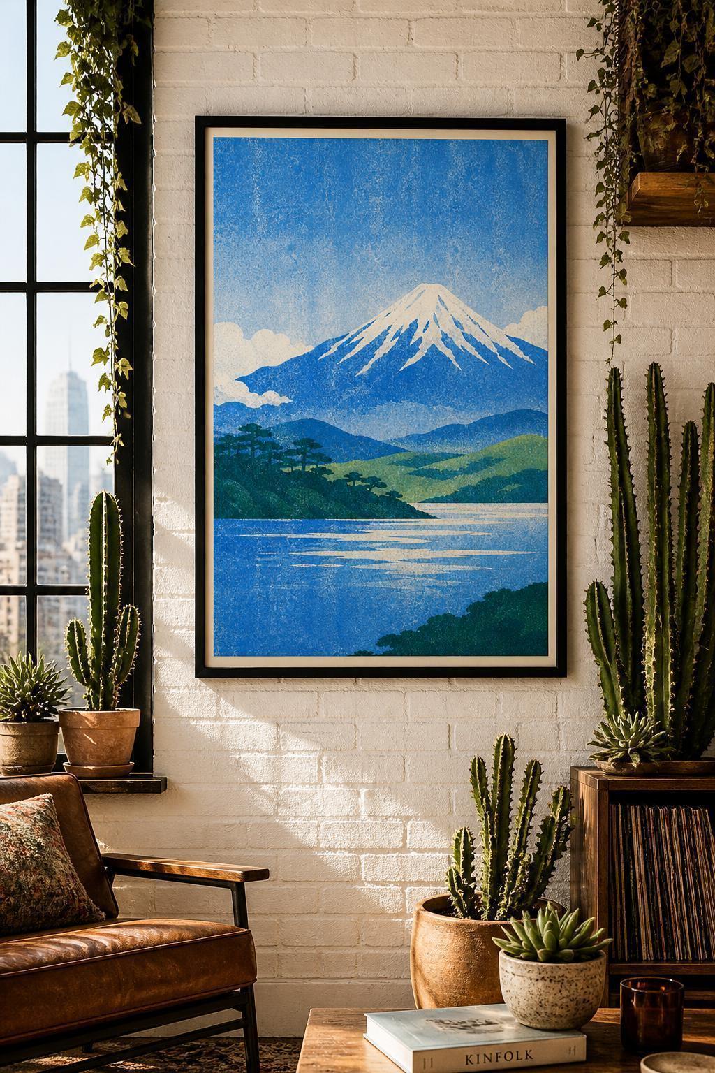 May include: A framed print depicting a mountain landscape with a snow-covered peak, blue lake, and green hills. The artwork is displayed on a white brick wall, with a window and plants in the foreground. The print has a black frame.