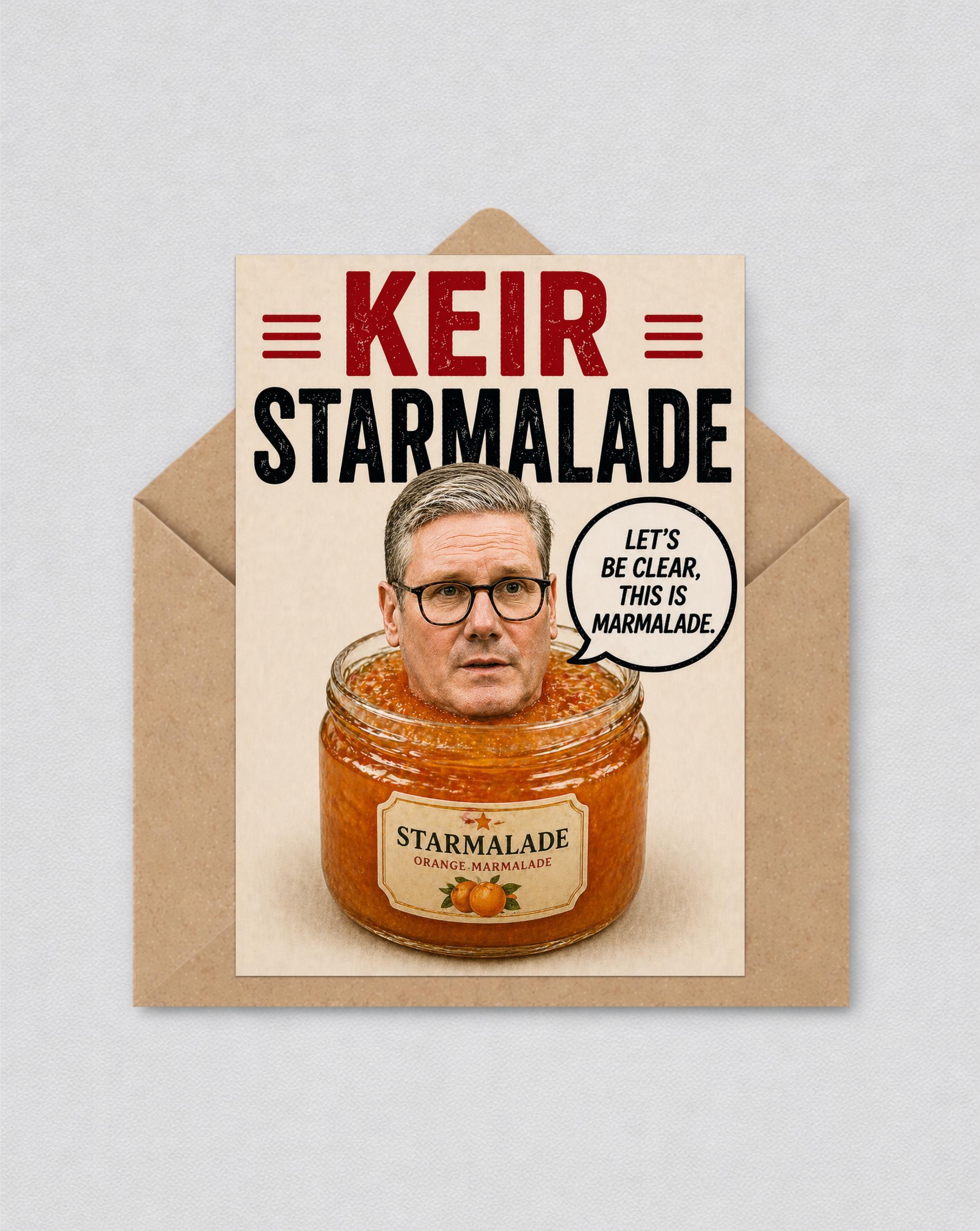 May include: A humorous greeting card with the words "KEIR STARMALADE" in red and black. The image depicts a man's head in a jar of orange marmalade, with a speech bubble stating "LET'S BE CLEAR, THIS IS MARMALADE."
