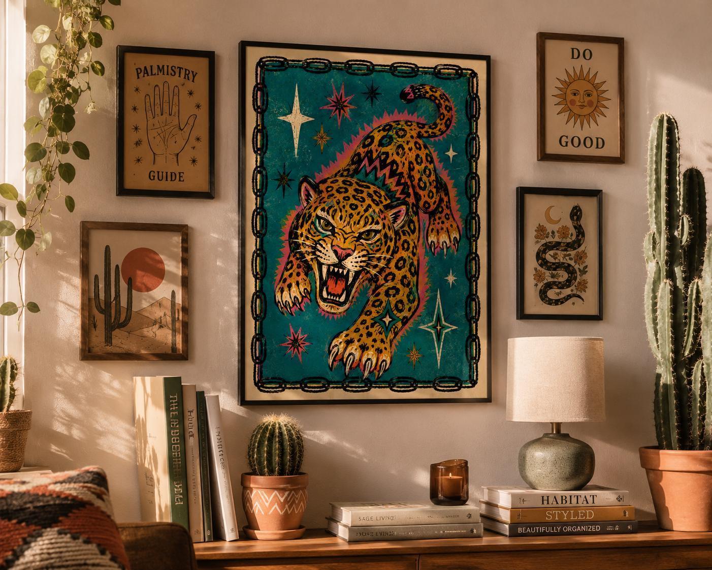 Leopard Wall Art Print, Retro Big Cat Poster, Vintage Tattoo Style Animal Art, Maximalist Eclectic Decor | 018