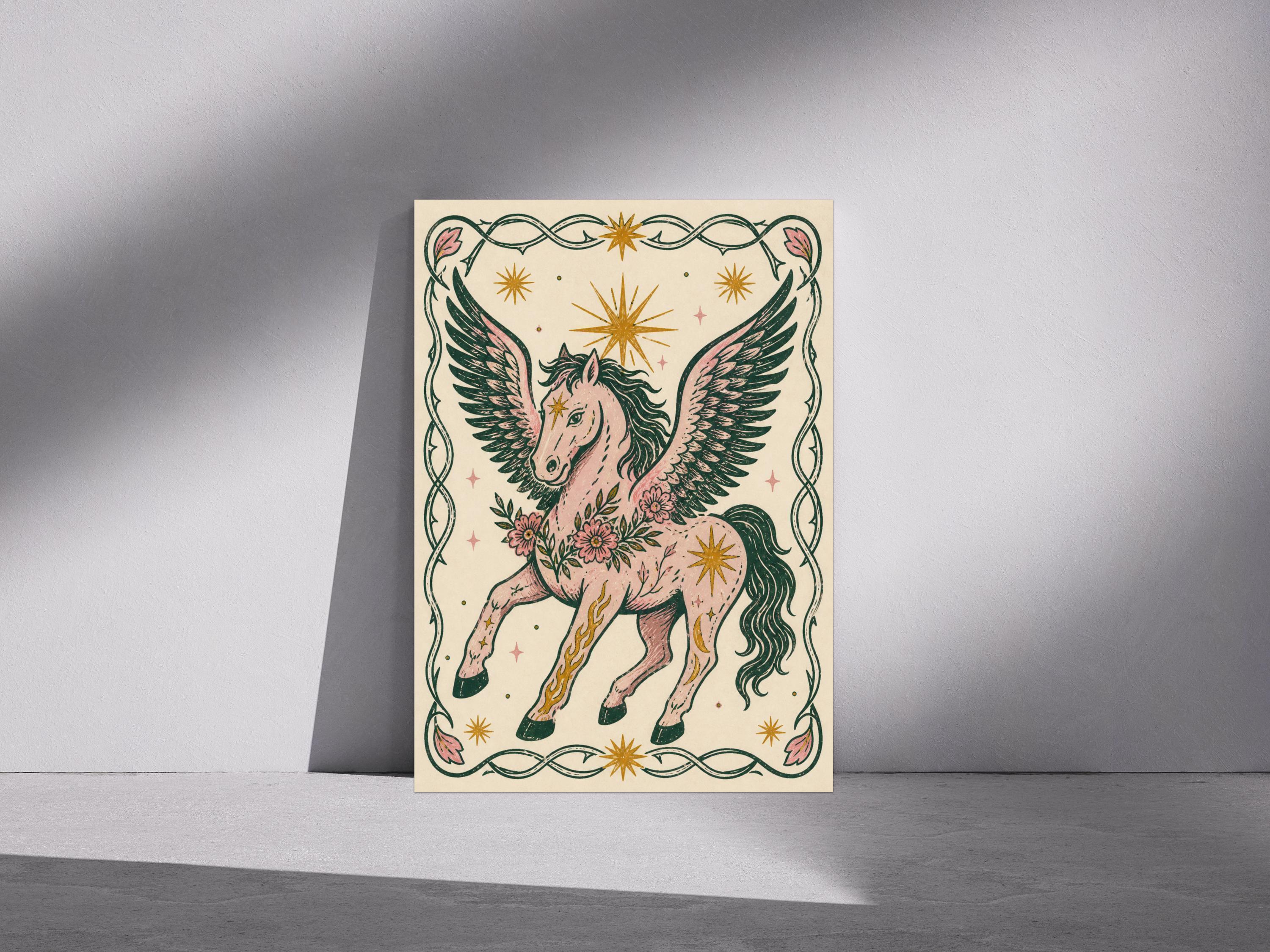 May include: A framed illustration of a pink Pegasus with green wings and a dark green mane and tail. The Pegasus is adorned with floral accents and surrounded by a decorative border with stars. The artwork has a vintage aesthetic.