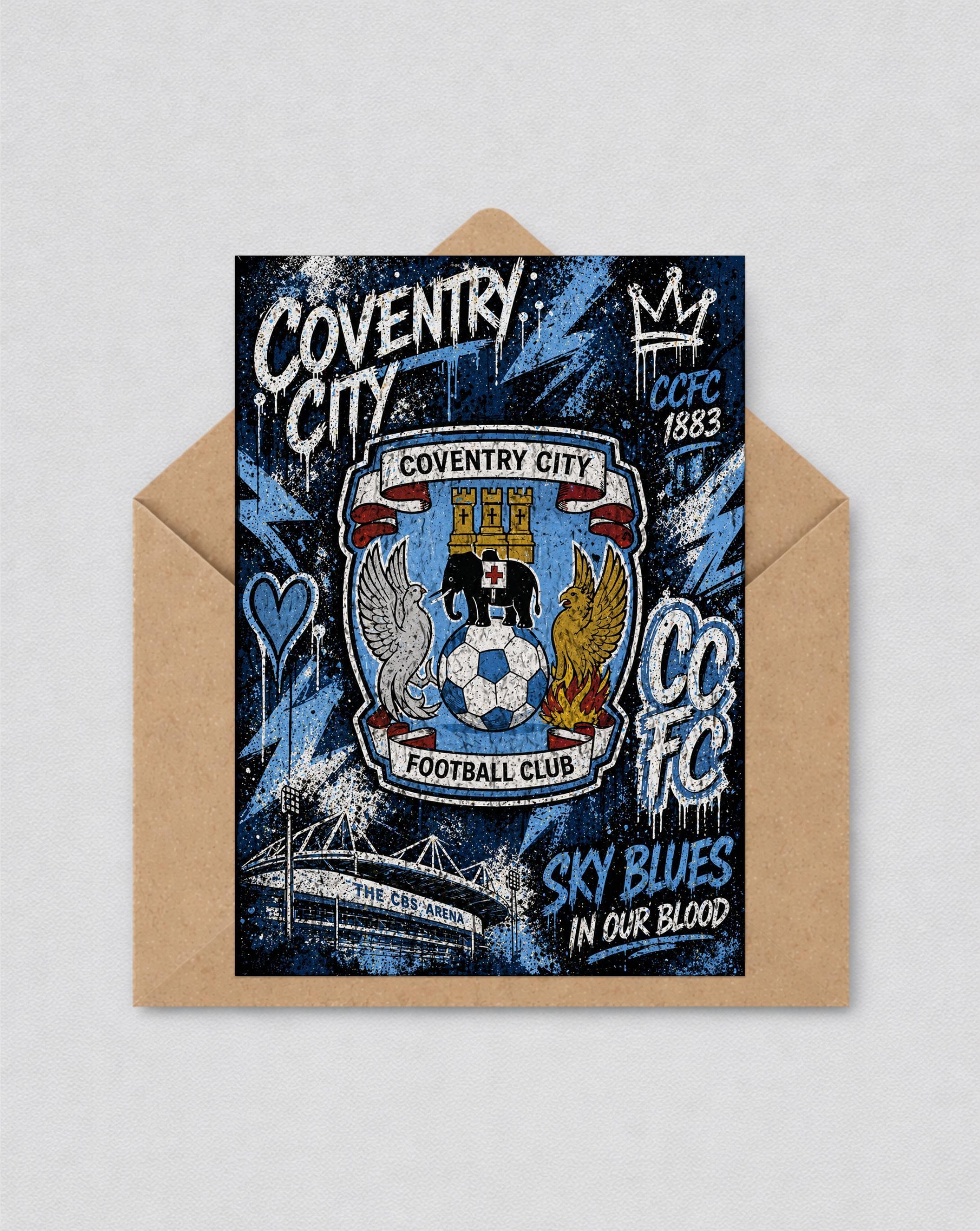 May include: A greeting card featuring the Coventry City Football Club crest. The design includes the words "Coventry City", "Sky Blues", and "Football Club". The card is in a brown envelope.