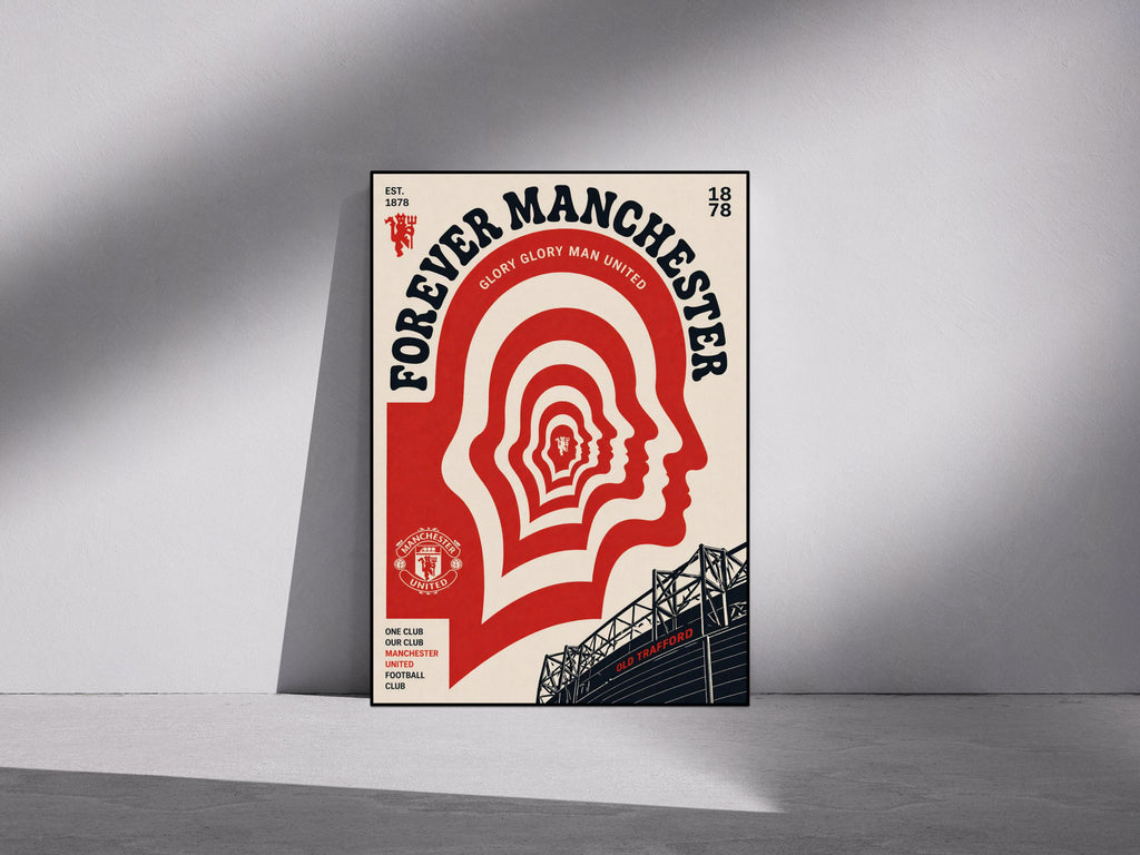 The image is a poster for Manchester United football club, featuring a stylized design of a face with concentric circles representing the club's history.