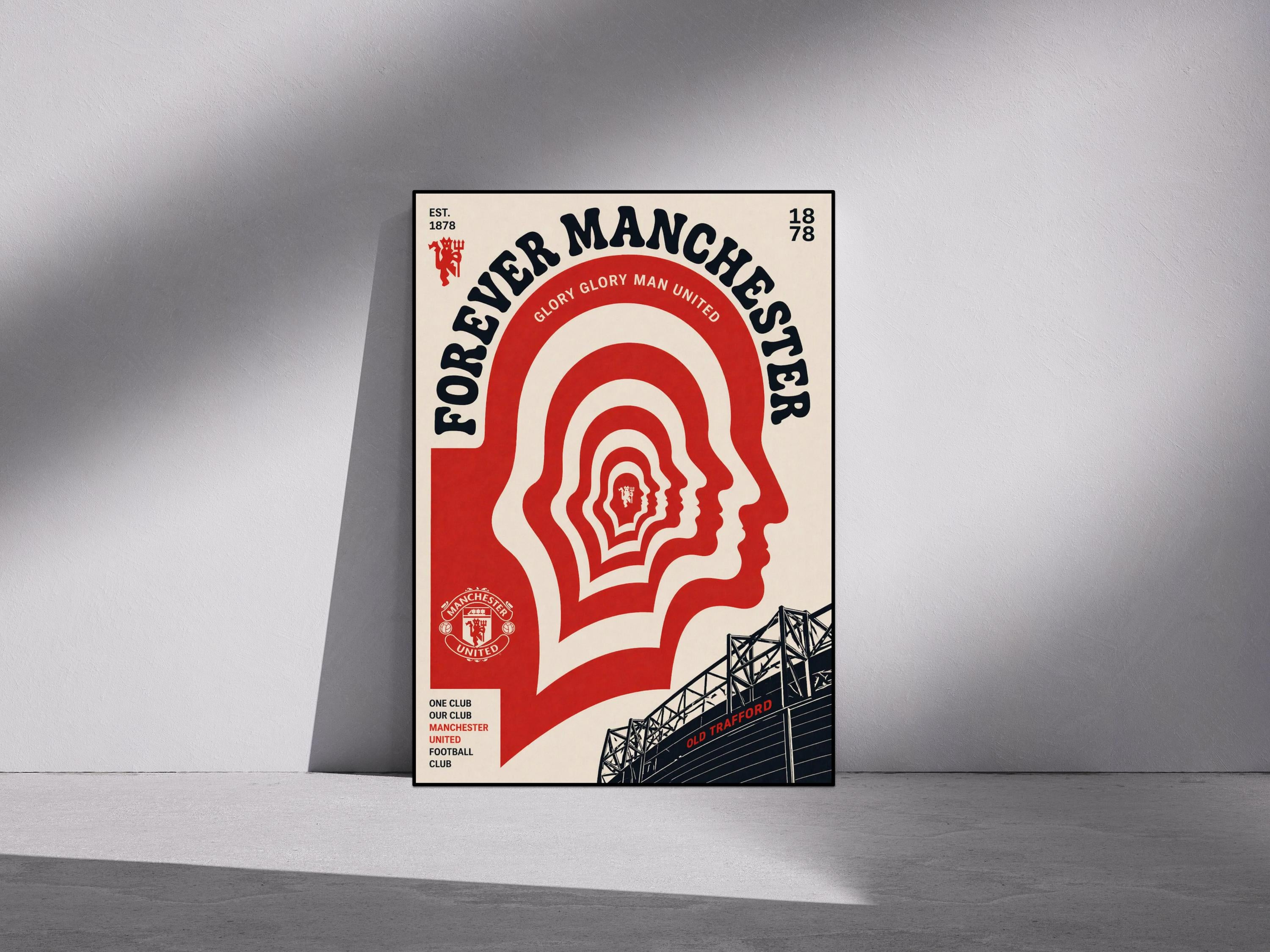 The image is a poster for Manchester United football club, featuring a stylized design of a face with concentric circles representing the club's history.