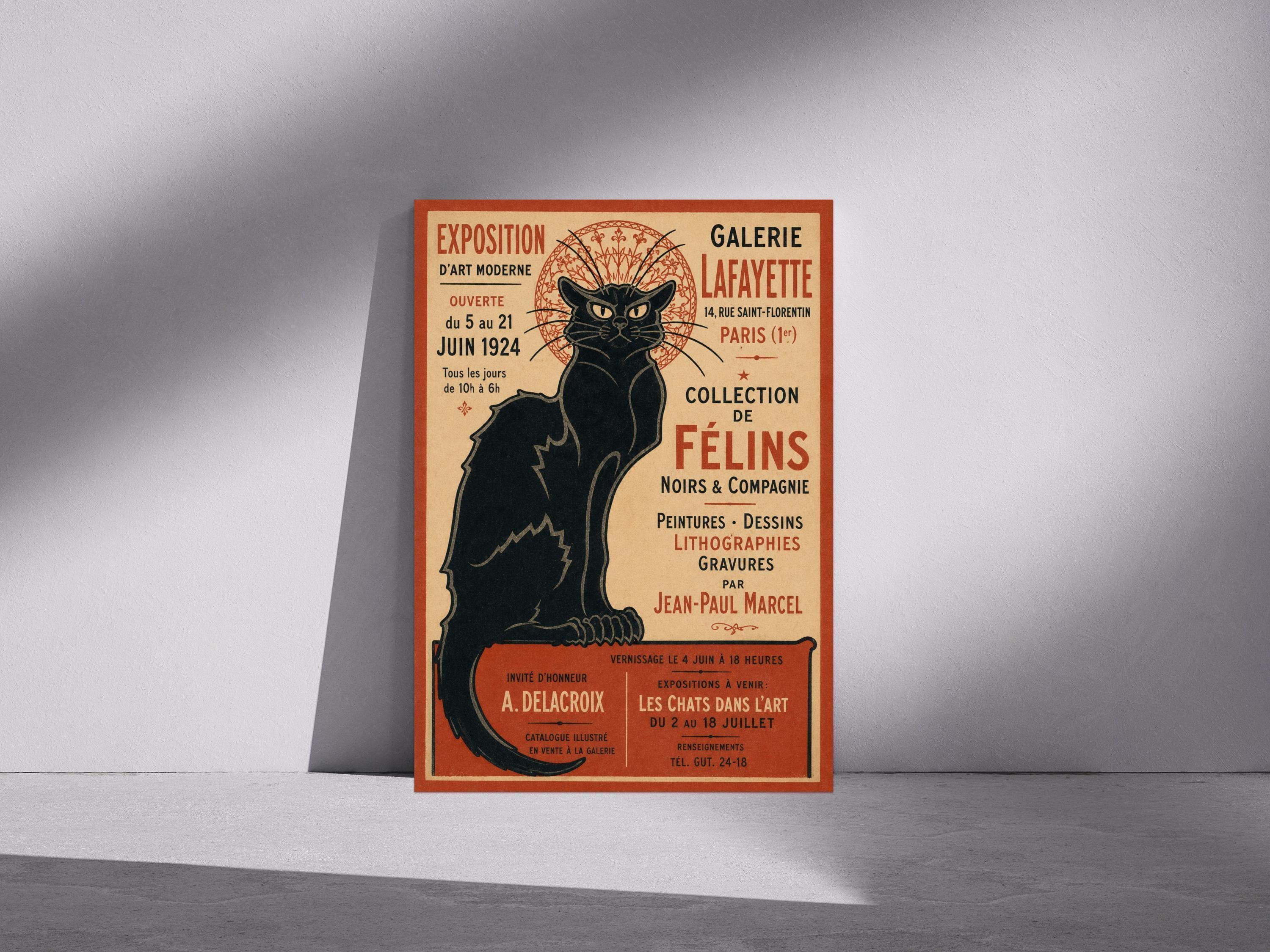 Vintage Black Cat Poster, Art Nouveau Wall Art, French Exhibition Print, Retro Cat Decor, A4 A3 Wall Art, Antique Style | 157A