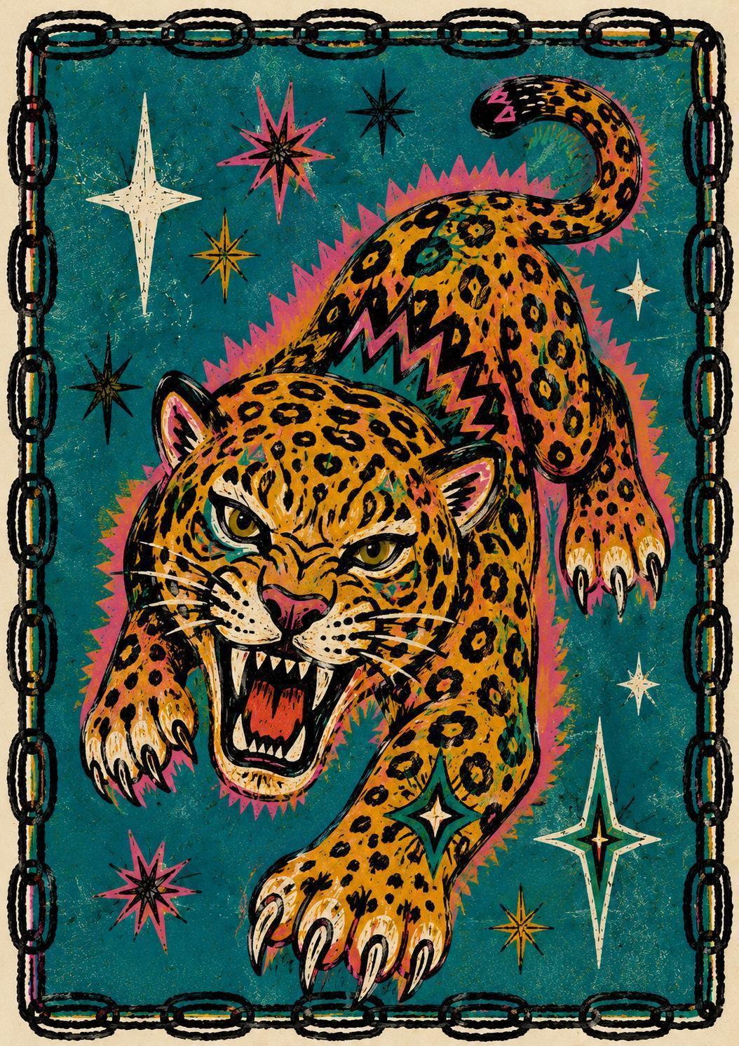 Leopard Wall Art Print, Retro Big Cat Poster, Vintage Tattoo Style Animal Art, Maximalist Eclectic Decor | 018