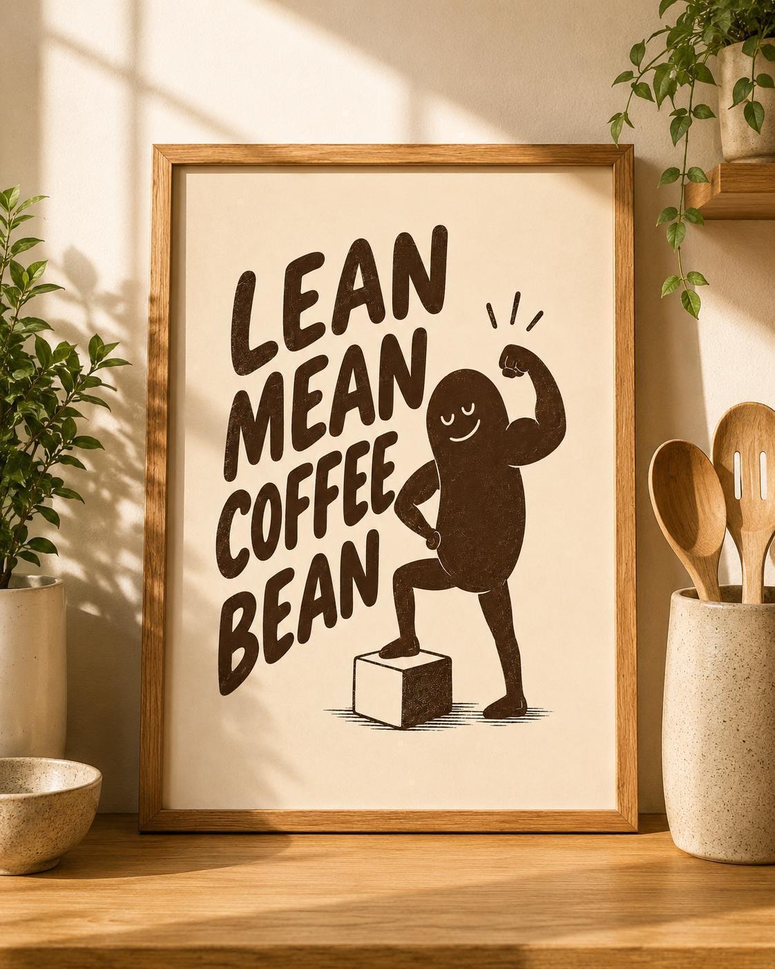 Lean Mean Coffee Bean Wall Art Print, Funny Coffee Poster, Coffee Lover Gift, Kitchen Decor, Caffeine Artwork, Barista Wall Art | 036