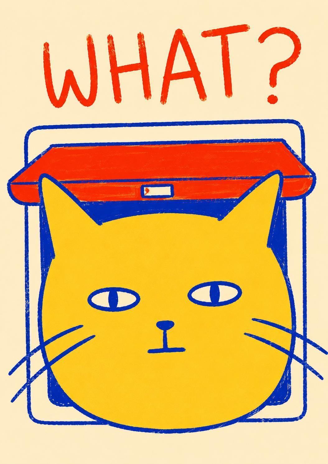 What? Cat Flap Wall Art Print, Funny Cat Poster, Humorous Pet Decor, Curious Cat Illustration, Cat Lover Gift, Quirky Animal Artwork | 055