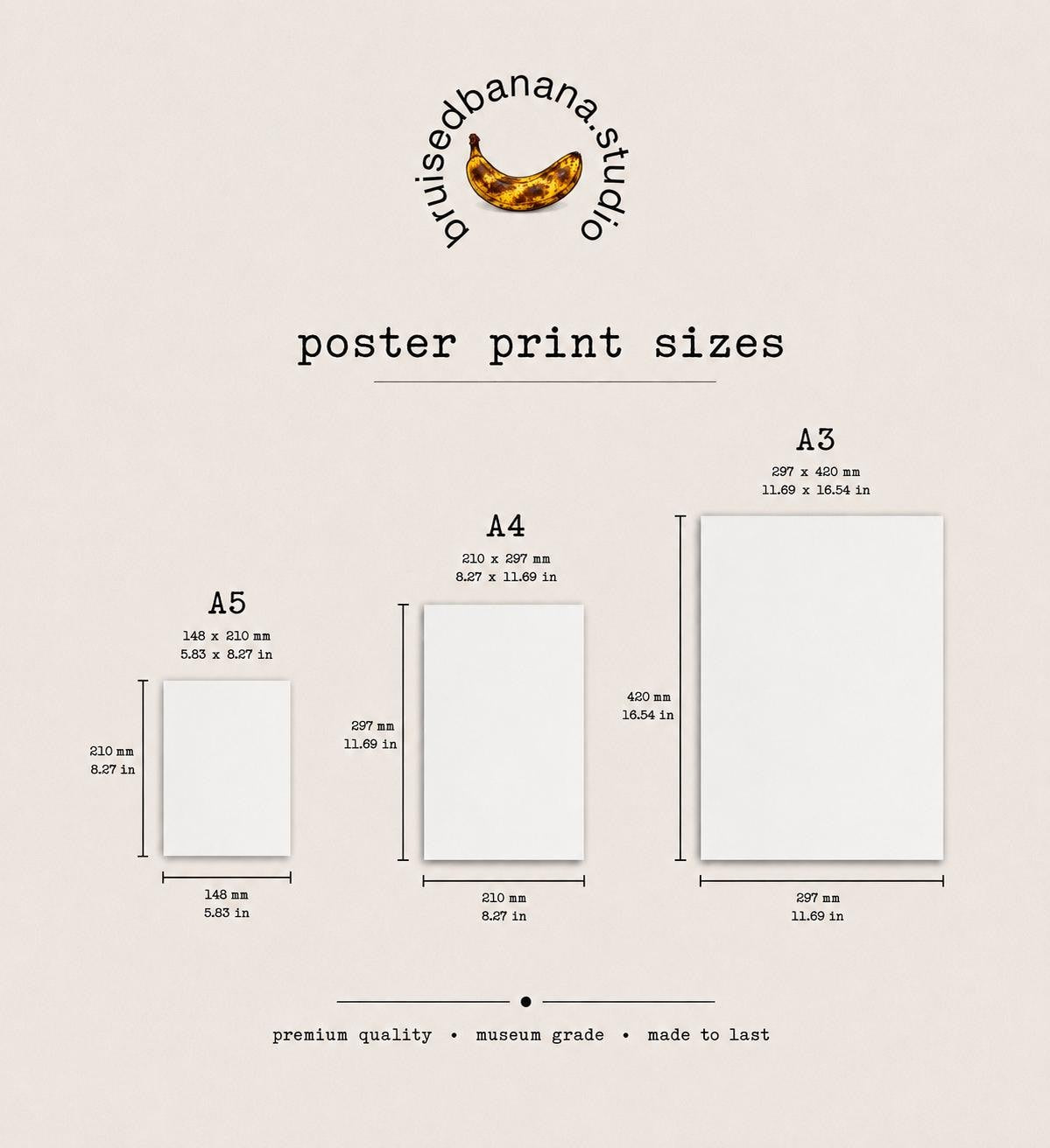 The image is a poster print sizes chart from a studio that provides the dimensions of various poster print sizes, including A3, A4, and A5.
