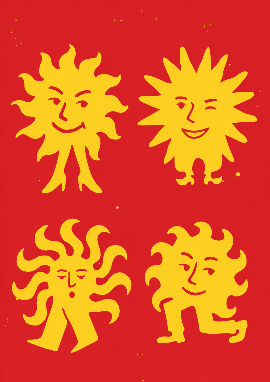 four stylized sun characters in various poses, including standing, sitting, and walking, all depicted in a vibrant yellow color against a red background.