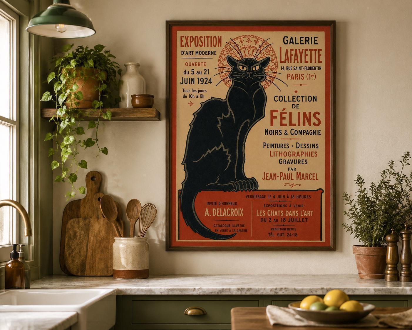 Vintage Black Cat Poster, Art Nouveau Wall Art, French Exhibition Print, Retro Cat Decor, A4 A3 Wall Art, Antique Style | 157A