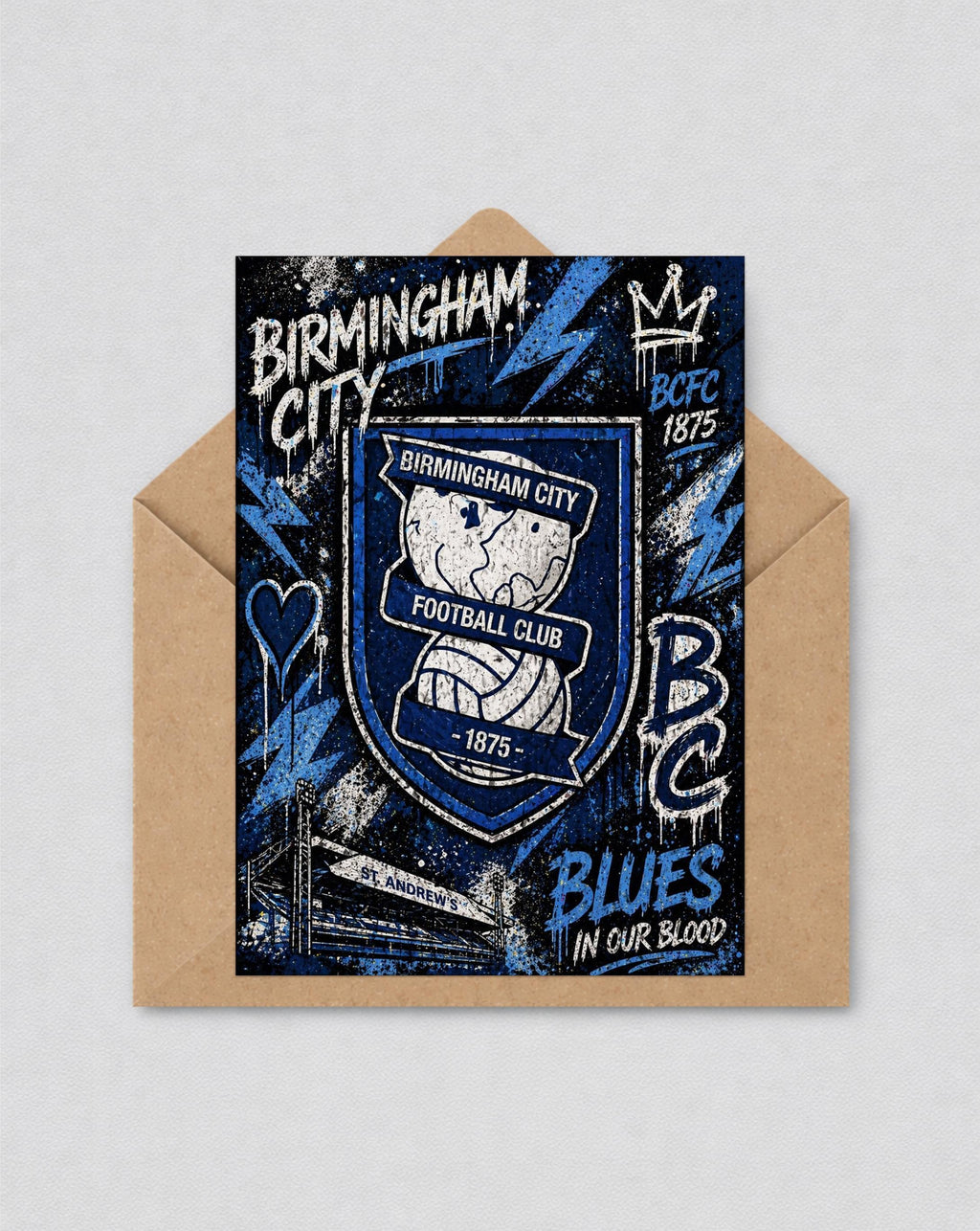 May include: A greeting card with the Birmingham City Football Club crest in blue and white, with the text "Birmingham City" and "Blues in our blood." The card is inside a brown envelope. The design includes lightning bolts and a crown.