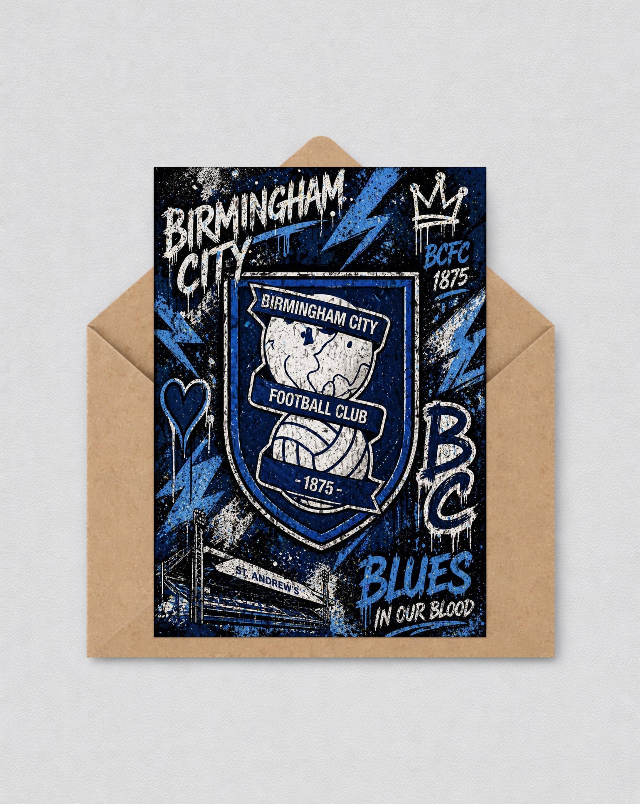 May include: A greeting card with the Birmingham City Football Club crest in blue and white, with the text "Birmingham City" and "Blues in our blood." The card is inside a brown envelope. The design includes lightning bolts and a crown.