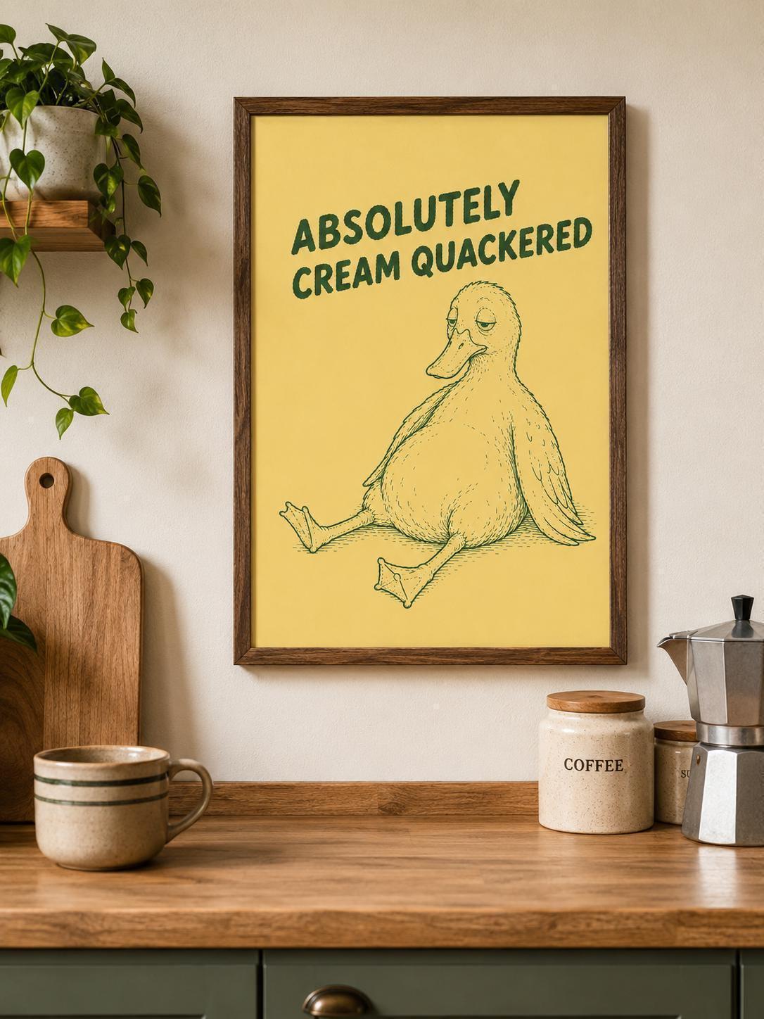 Absolutely Cream Quackered Print, Funny Duck Wall Art, Humorous Artwork, Kitchen Decor, Housewarming Gift, A3/A4/A5 Poster | 164A