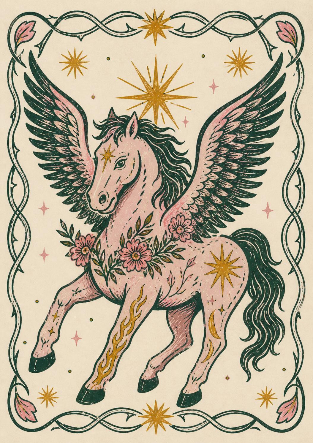 Vintage Pegasus Print, Mythical Horse Wall Art, Boho Fantasy Decor, Pink Winged Horse Illustration | 111A