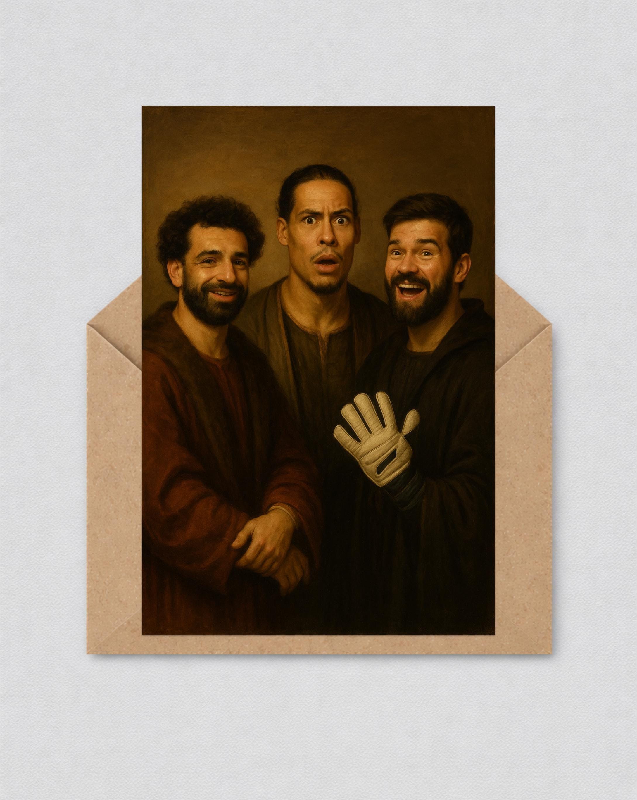 May include: A greeting card depicting a Renaissance-style painting of three men in robes. The men display expressions of surprise and joy. The card is presented in a brown envelope.