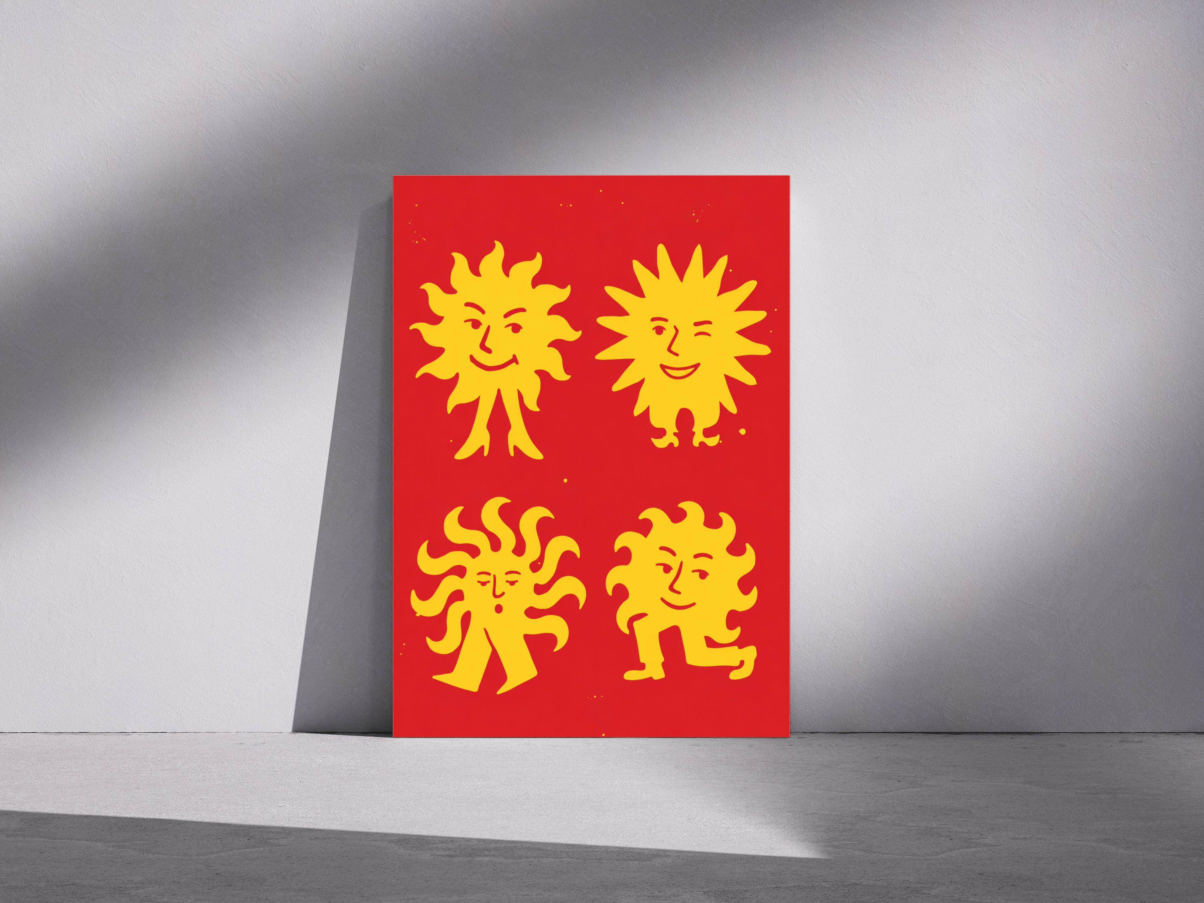 four yellow sun-like characters with faces, arranged in a square on a red background.