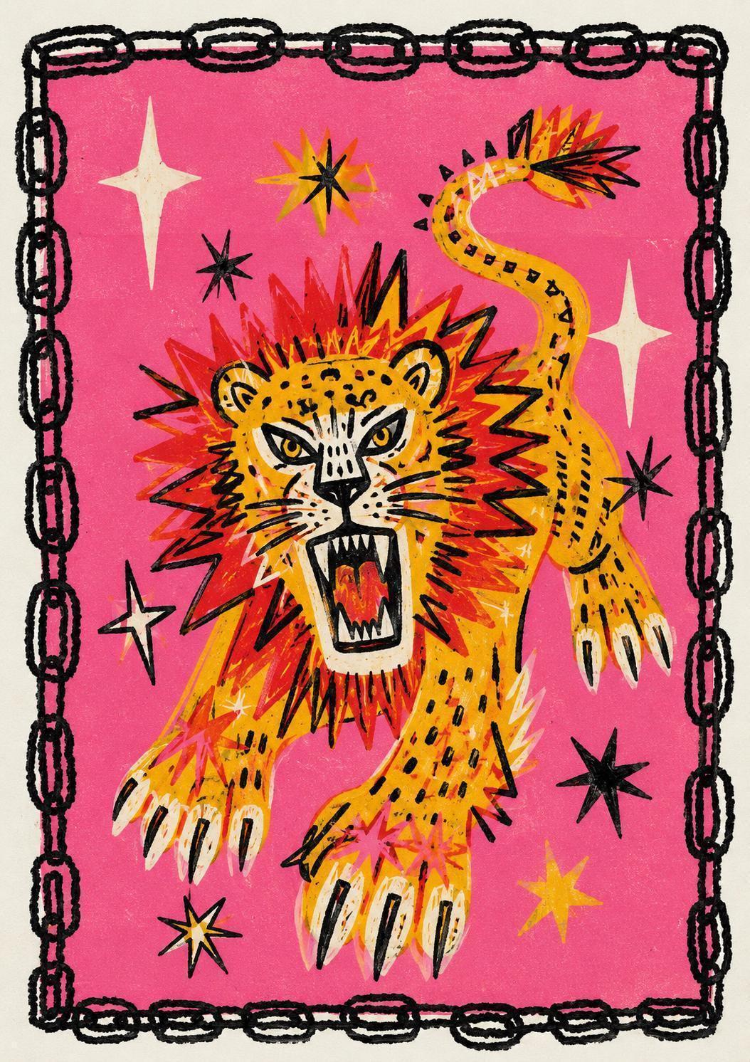 Roaring Leopard Print, Maximalist Animal Wall Art, Pink Leopard Poster, Eclectic Home Decor, Colourful Big Cat Print, A3 A4 Wall Art | 019