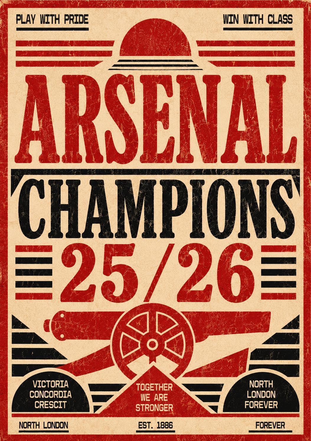 Arsenal Champions 25/26 Print, Retro Football Wall Art, North London Forever Poster, Vintage Arsenal Decor, Gunners Fan, Arsenal | 147A