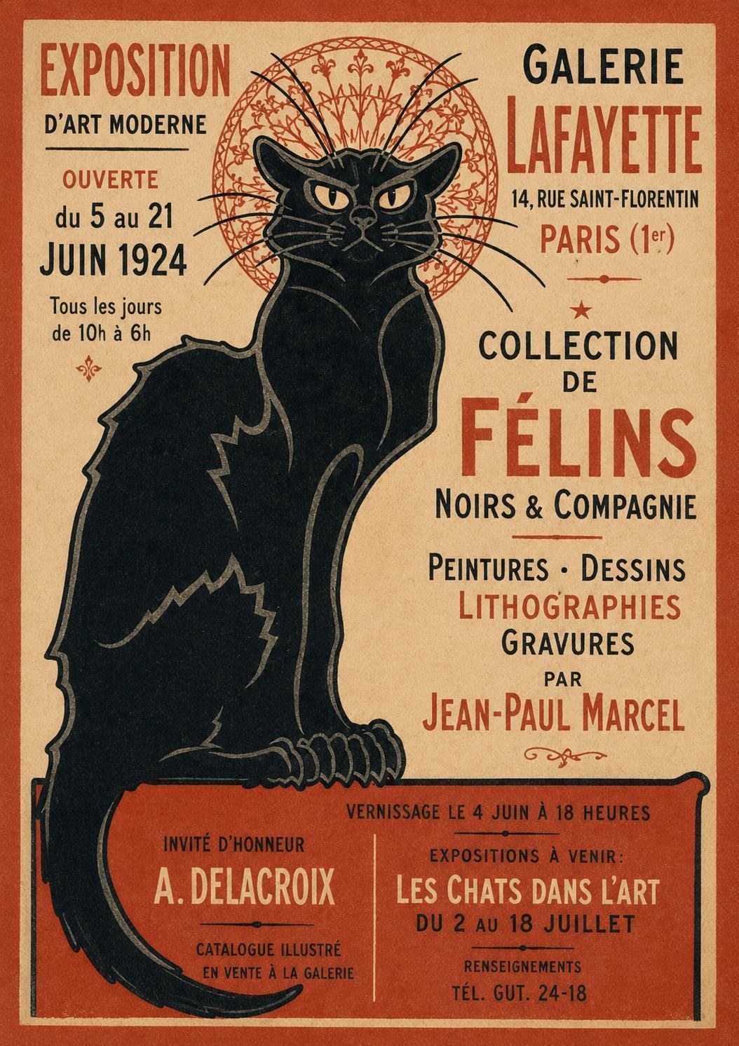 Vintage Black Cat Poster, Art Nouveau Wall Art, French Exhibition Print, Retro Cat Decor, A4 A3 Wall Art, Antique Style | 157A