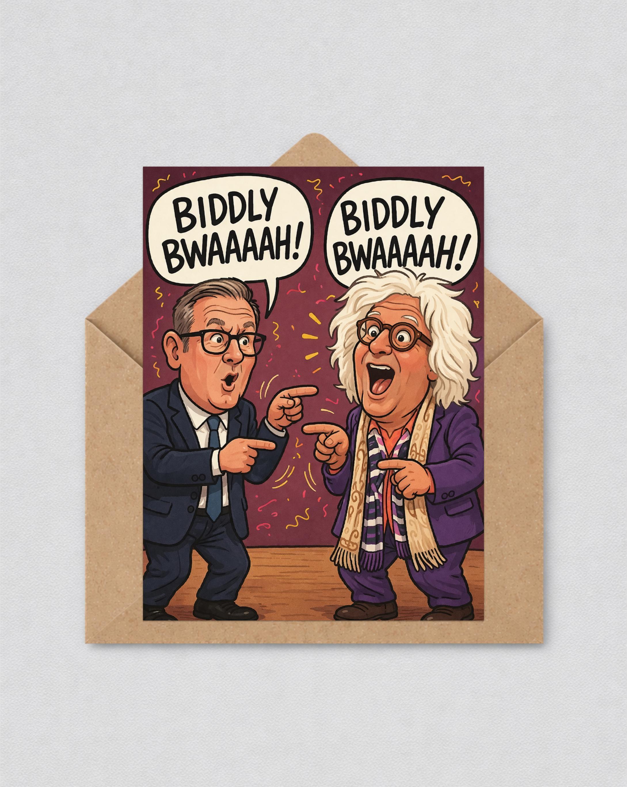 May include: A humorous greeting card with a cartoon illustration of two men laughing and pointing. Speech bubbles above them say "Biddly Bwaaaah!". The card is set against a burgundy background and is inside a brown envelope.