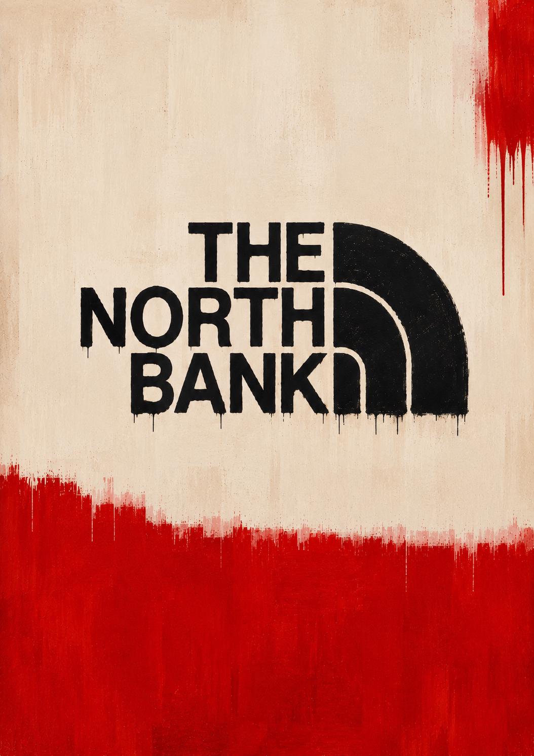 a bold, stylized logo for "The North Bank" with a red and white color scheme.