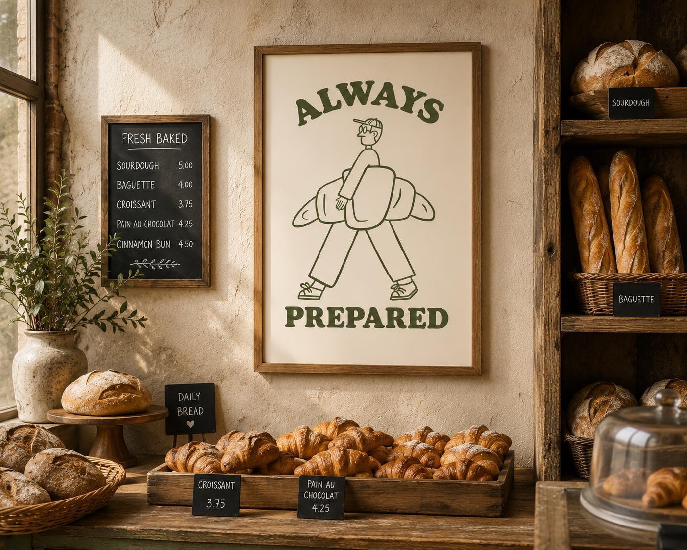 Always Prepared Croissant Wall Art Print, Funny Bakery Decor, Cafe Wall Art, Coffee Shop Poster, Foodie Kitchen Print, Hipster Artwork | 040