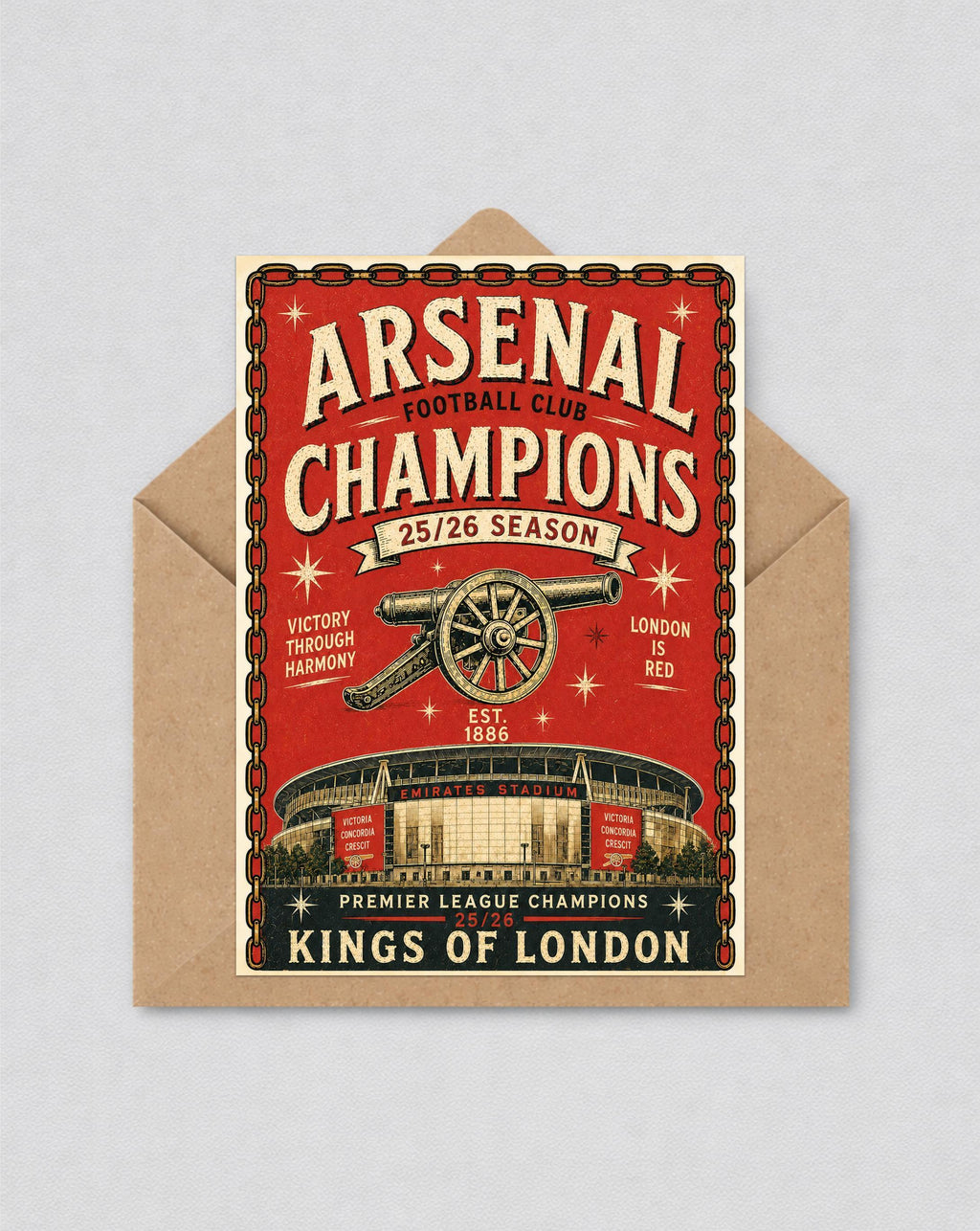 Arsenal Inspired Champions 25/26 Vintage Style Greetings Card | Arsenal Fan Gift | Birthday Card | 136