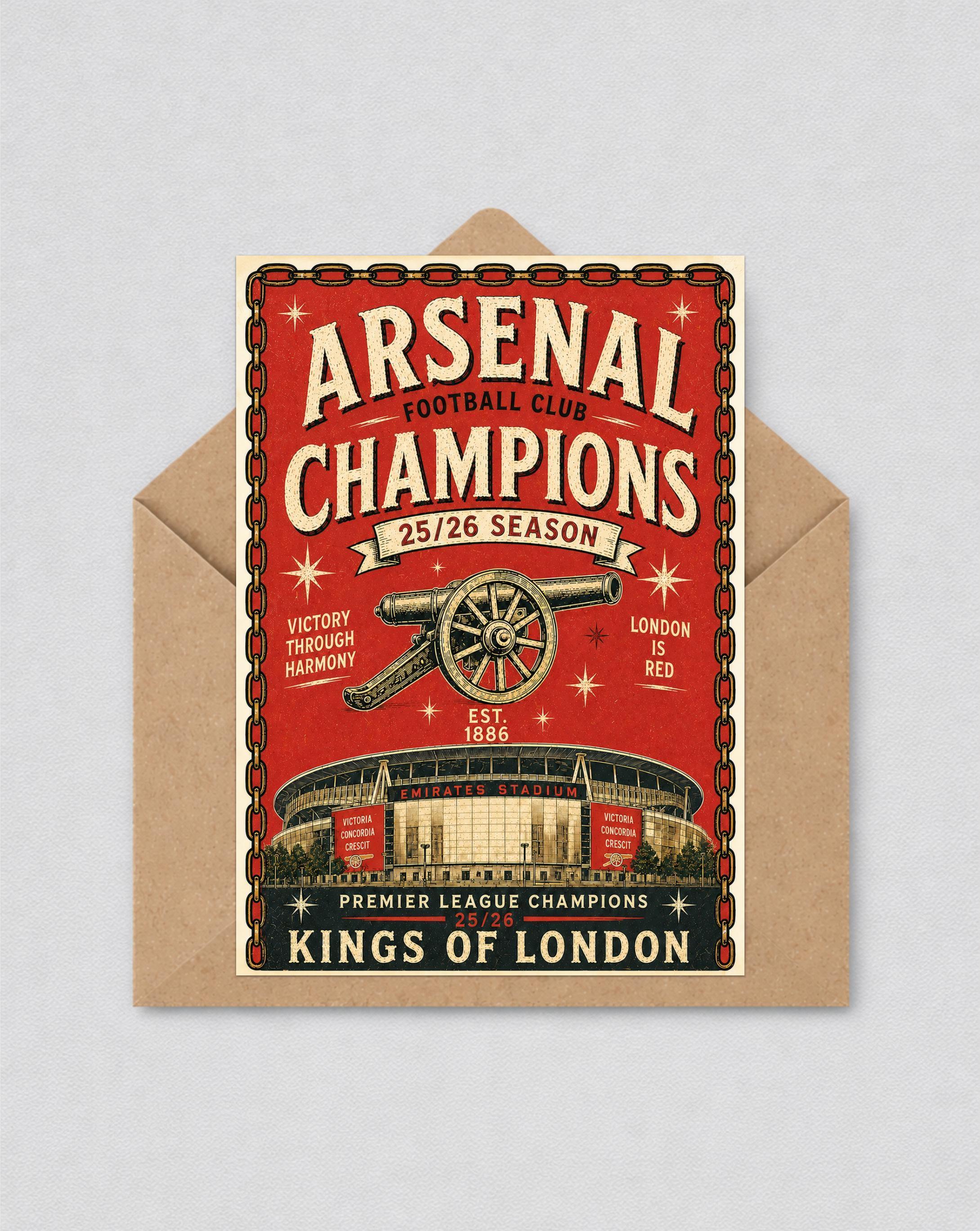 Arsenal Inspired Champions 25/26 Vintage Style Greetings Card | Arsenal Fan Gift | Birthday Card | 136