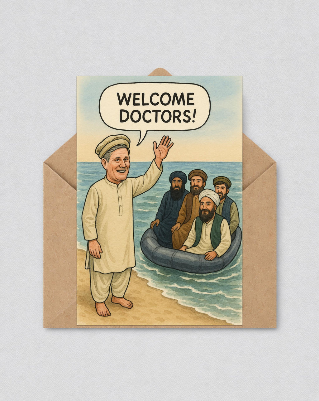 May include: A humorous greeting card featuring an illustration of a man waving from a beach, with the text "WELCOME DOCTORS!". In the sea, a group of men are in a small inflatable boat. The card is presented inside a brown envelope.
