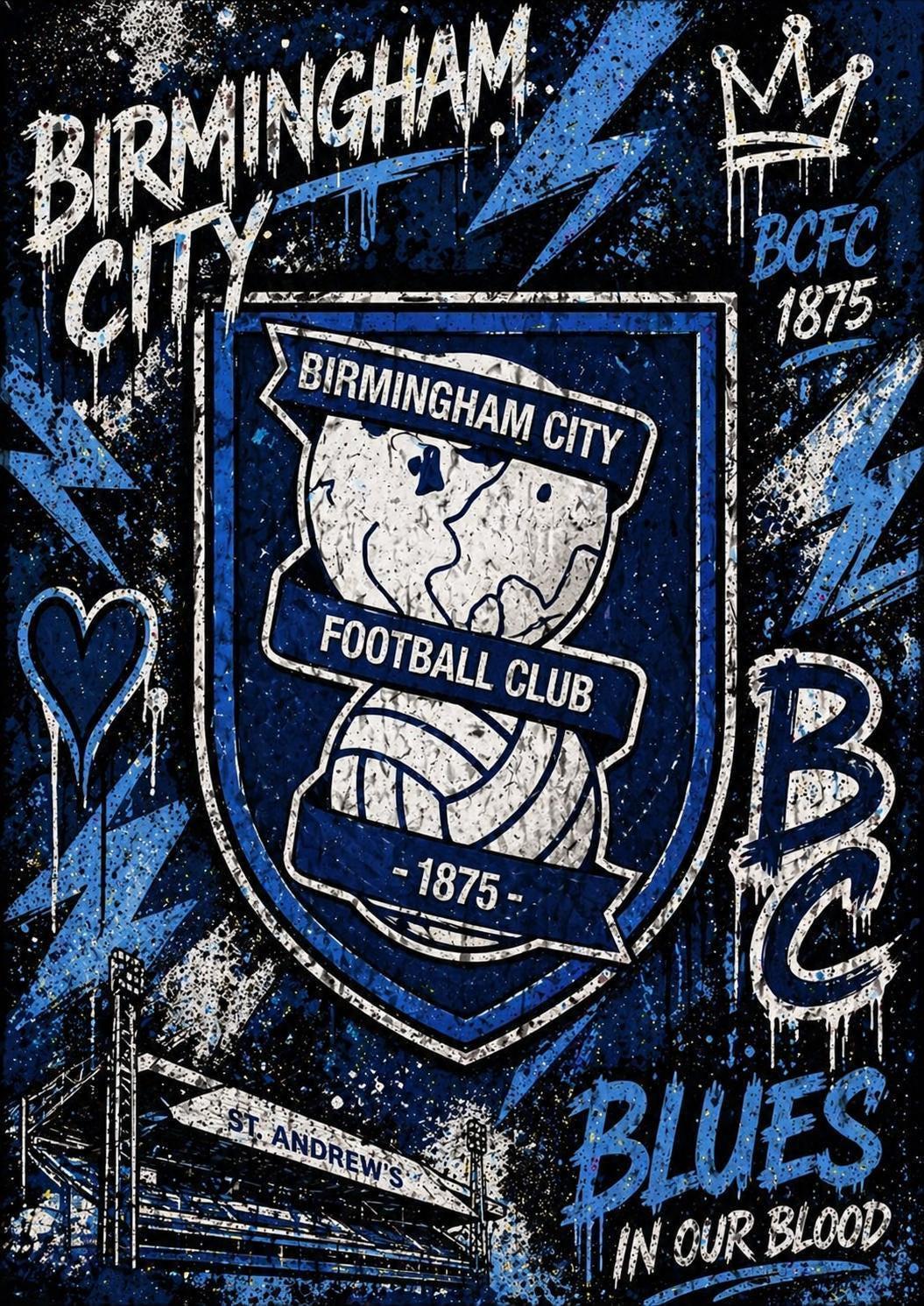 Birmingham City Inspired Graffiti Card, BCFC Wall Art, Blues Fan Gift, St Andrews Stadium, Football Street Art Decor | 093