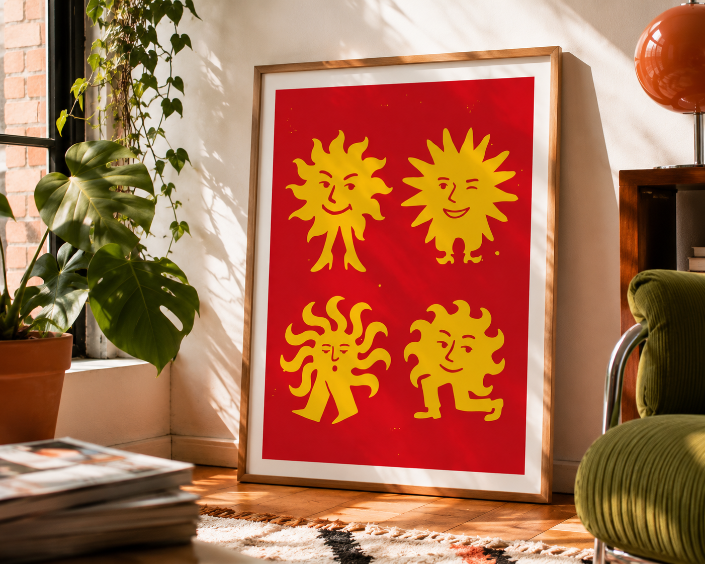a large framed poster with a red background and yellow sun-like figures, placed on a wooden floor in a room with a green couch and potted plants.