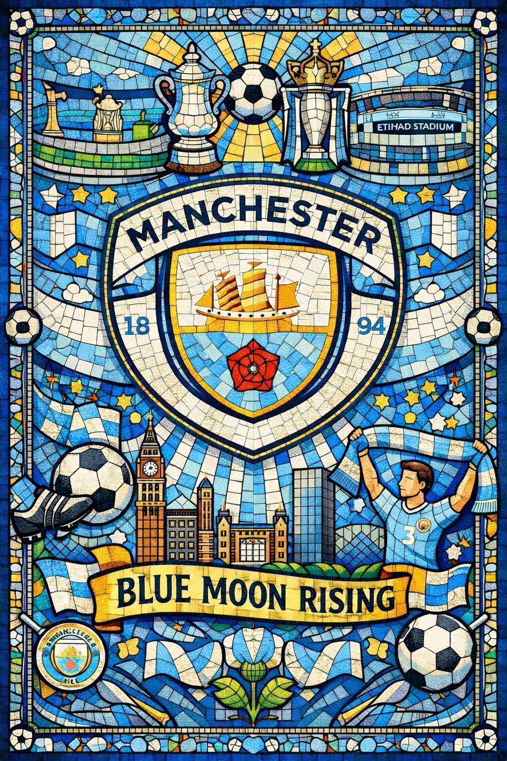 Man City FC Inspired Mosaic Style Birthday Greetings Card 7"x5" | Football Fan | 062