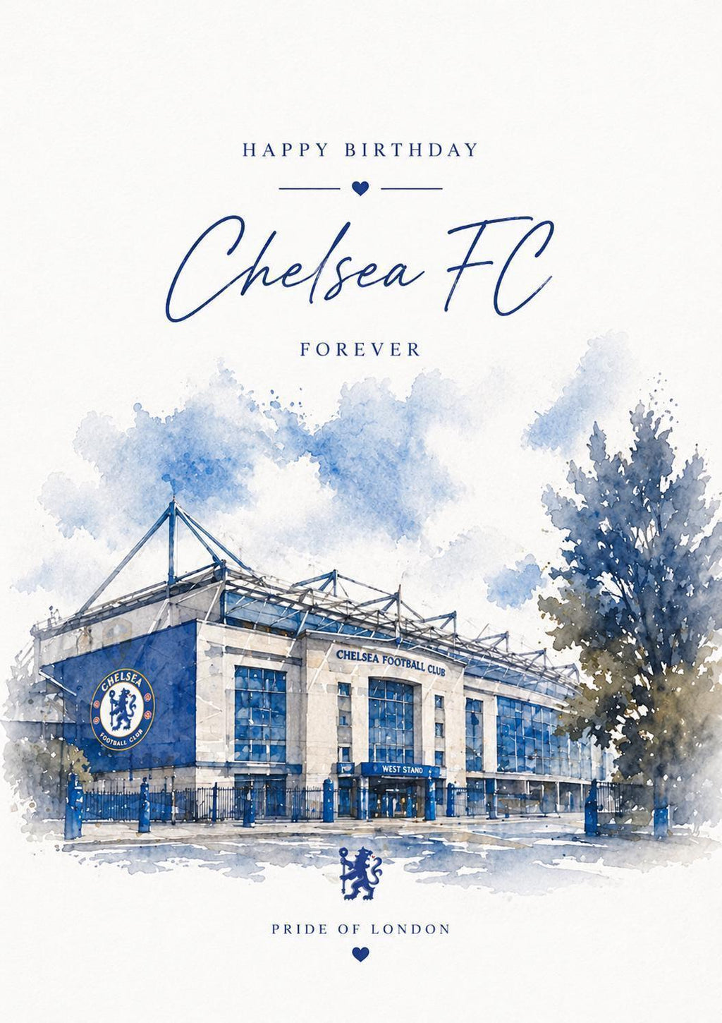 Chelsea FC Inspired Watercolour Birthday Card 7"x5" Matte | Football Fan | 109